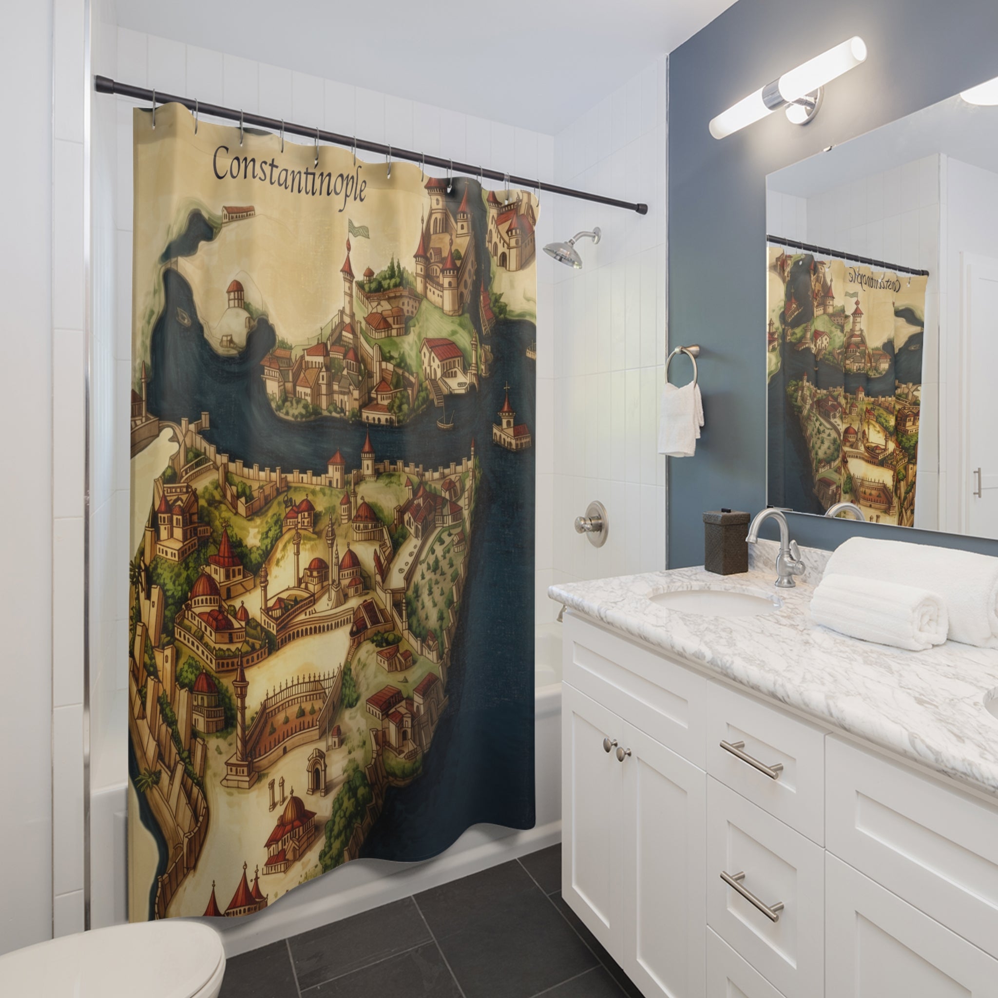 Constantinople Map Shower Curtain — Vintage Istanbul Cityscape Bathroom Decor