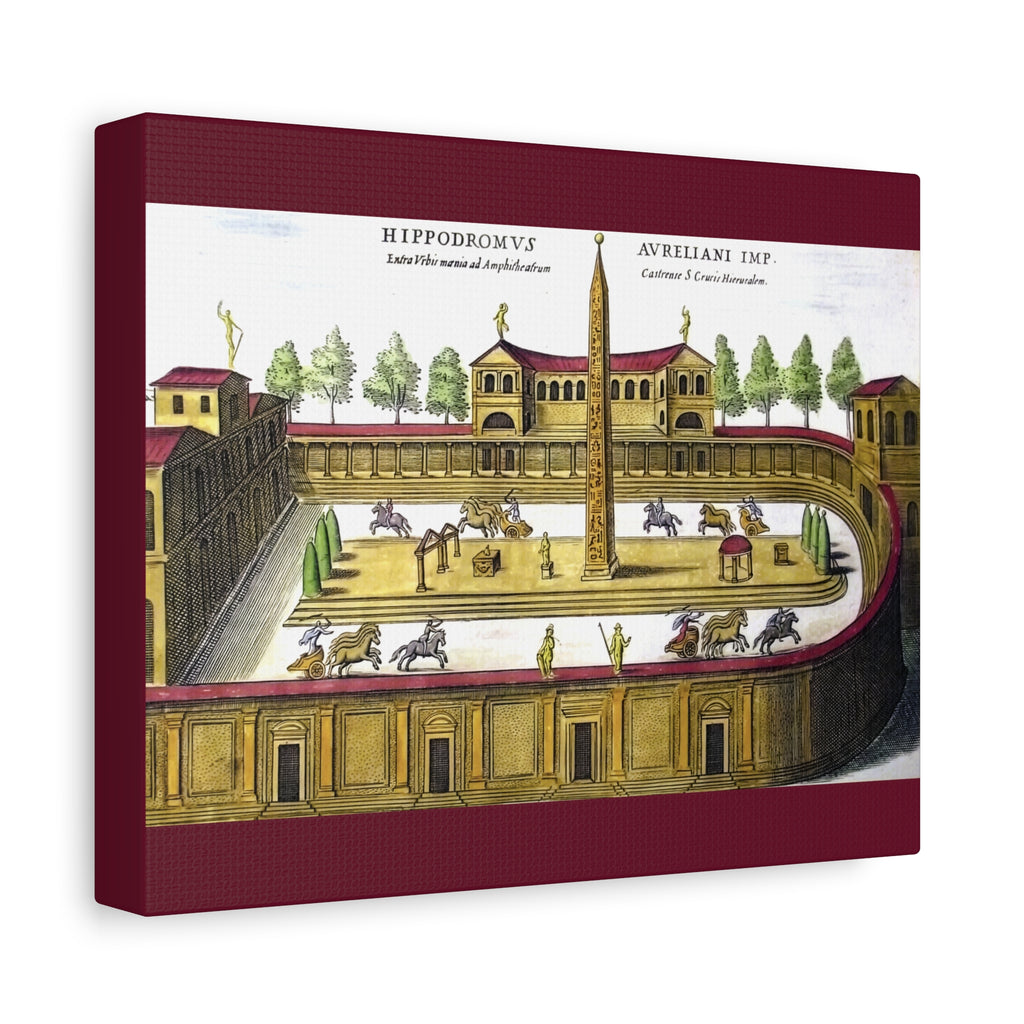Antique Hand-Colored Engraving Canvas Print of a Roman Hippodrome (Circus Varianus), Chariot Racing Scene, Obelisk, Rome Antiquarian Print