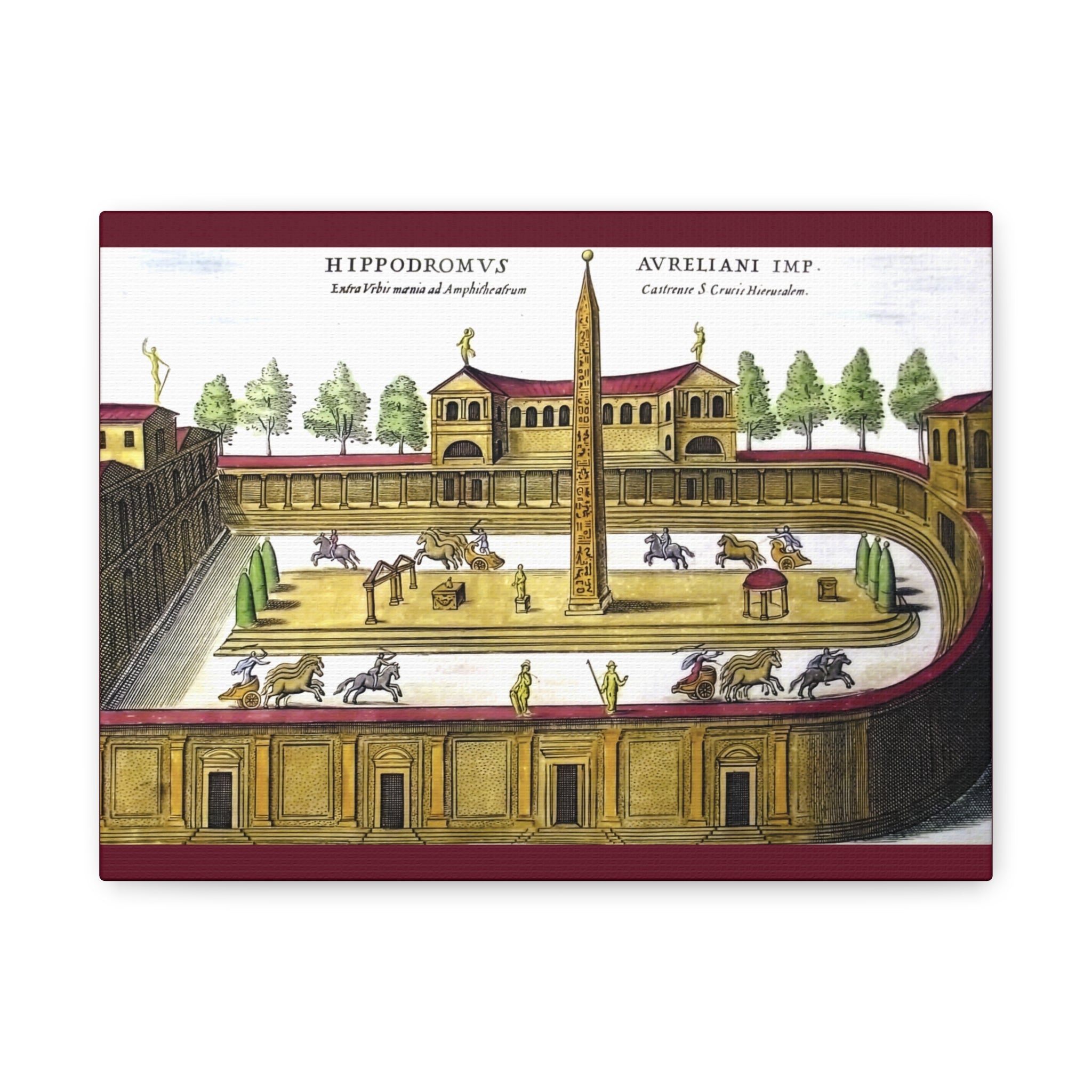 Antique Hand-Colored Engraving Canvas Print of a Roman Hippodrome (Circus Varianus), Chariot Racing Scene, Obelisk, Rome Antiquarian Print