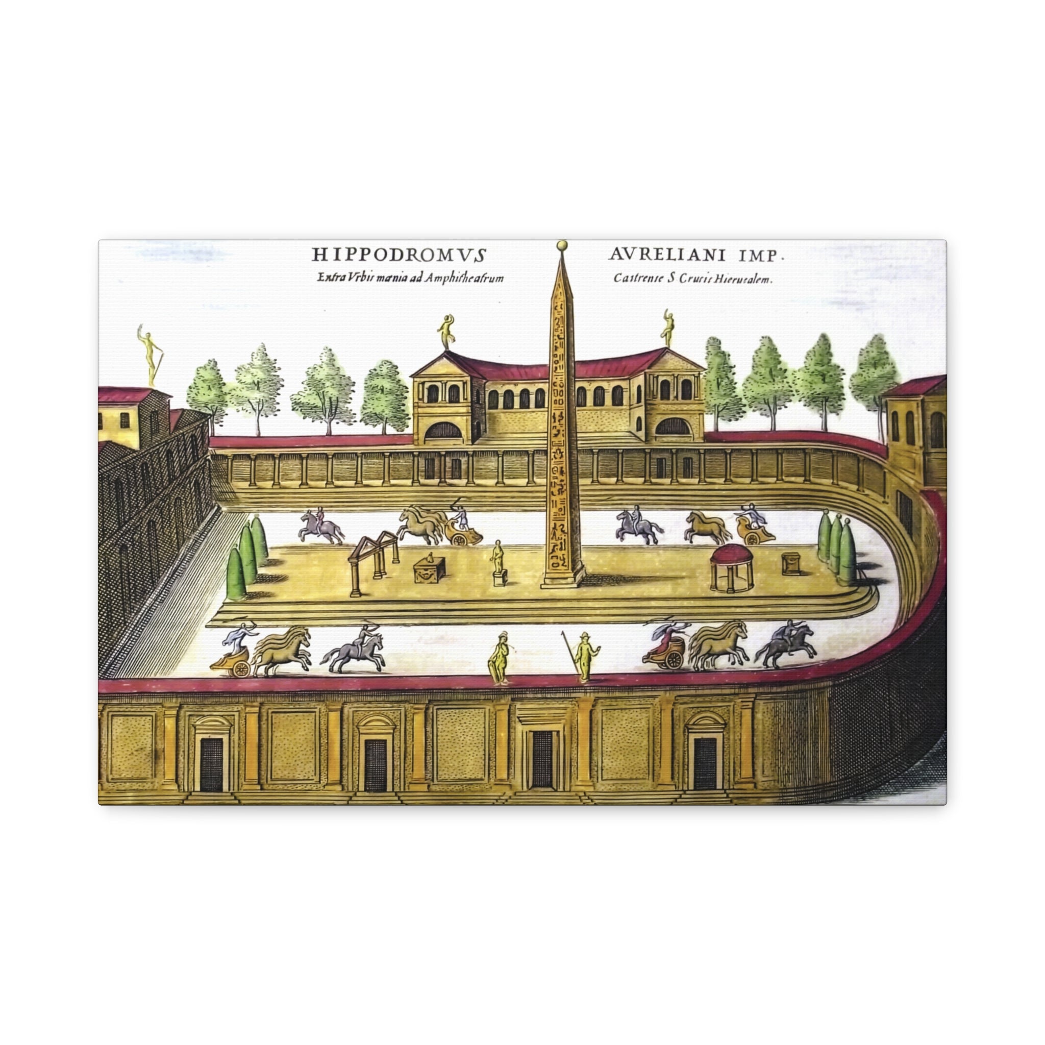 Antique Hand-Colored Engraving Canvas Print of a Roman Hippodrome (Circus Varianus), Chariot Racing Scene, Obelisk, Rome Antiquarian Print