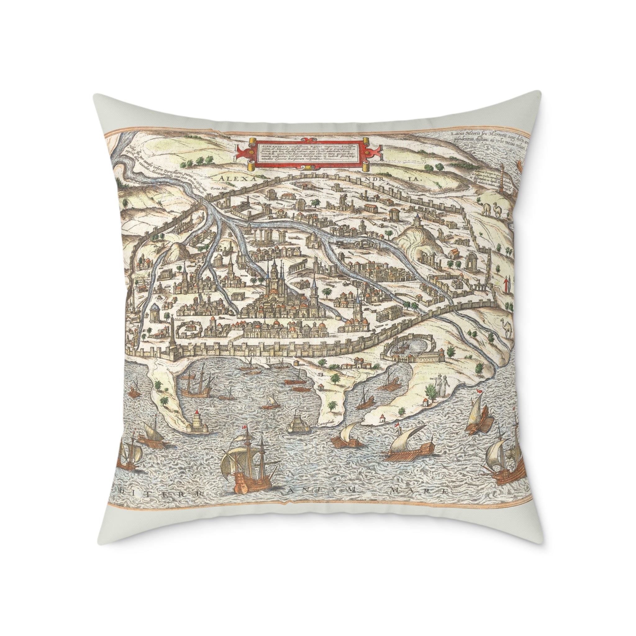 Renaissance Alexandria City View Square Pillow — Braun & Hogenberg Alexandria Port