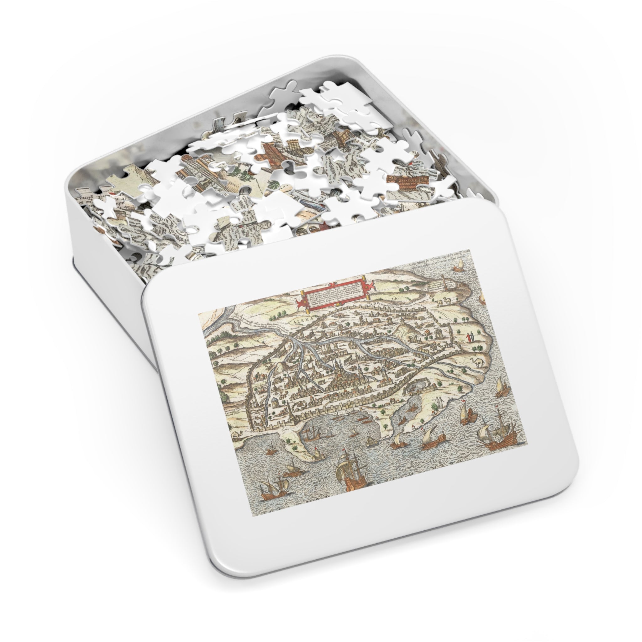 Antique 17th Century Alexandria City-View Jigsaw Puzzle with Tin