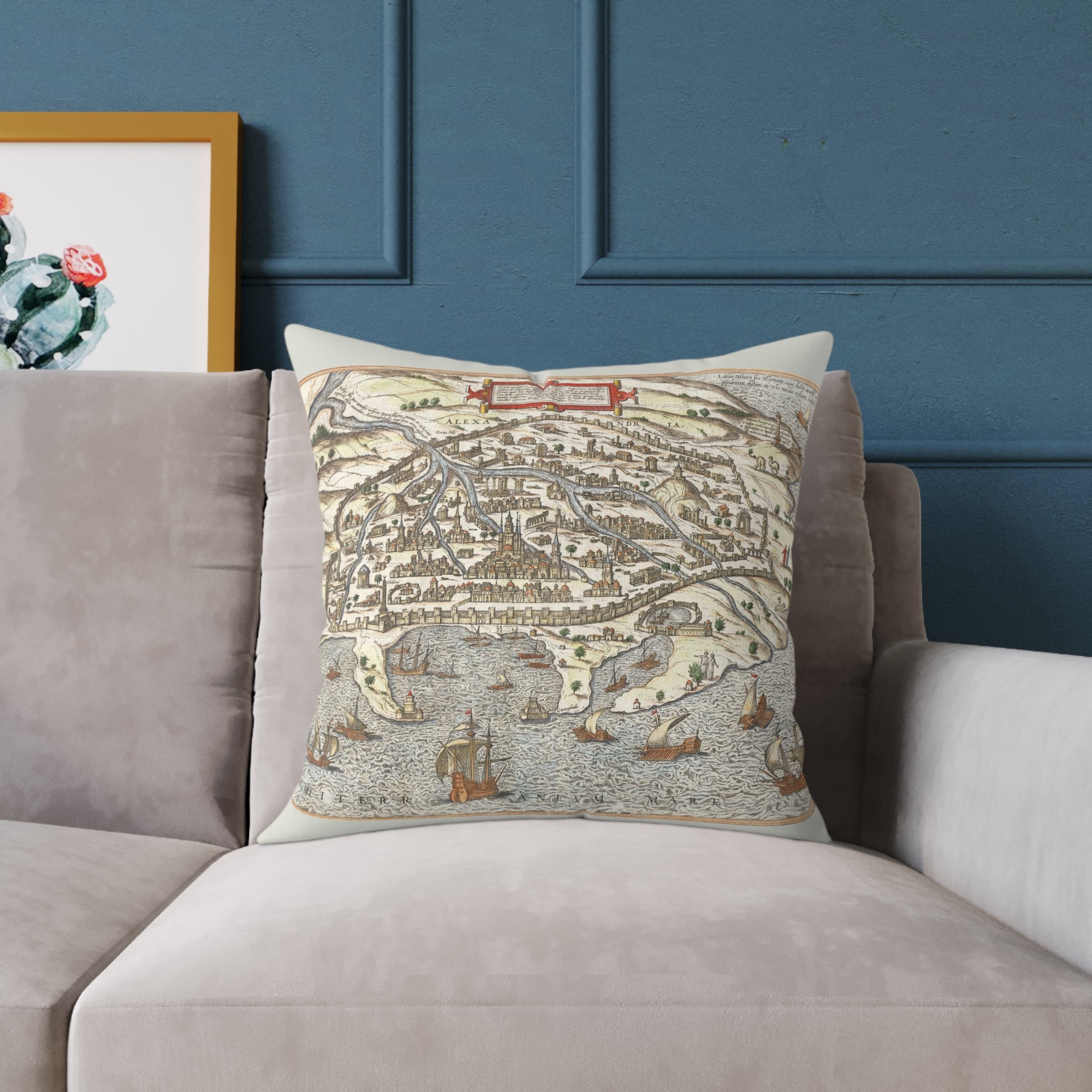 Renaissance Alexandria City View Square Pillow — Braun & Hogenberg Alexandria Port