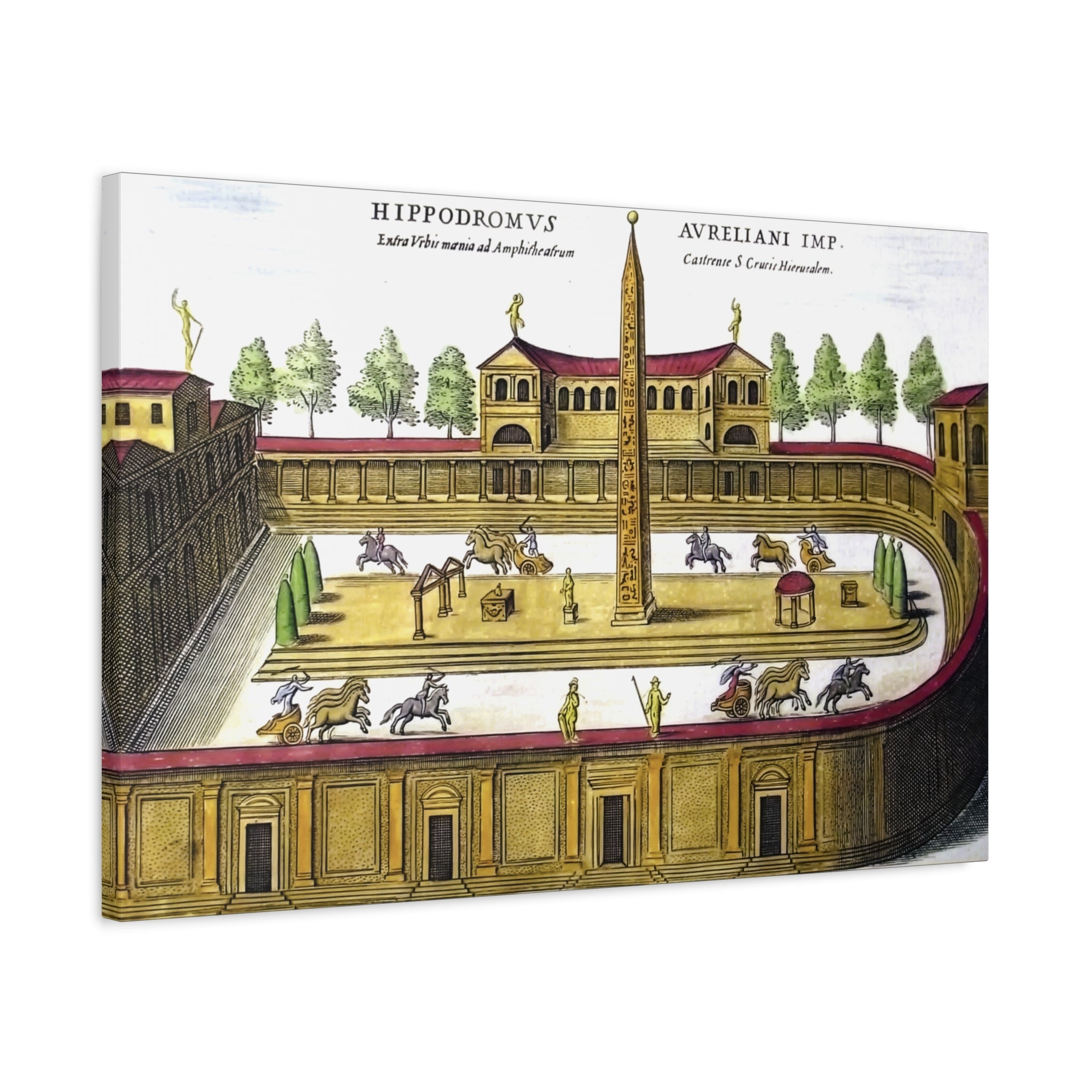 Antique Hand-Colored Engraving Canvas Print of a Roman Hippodrome (Circus Varianus), Chariot Racing Scene, Obelisk, Rome Antiquarian Print
