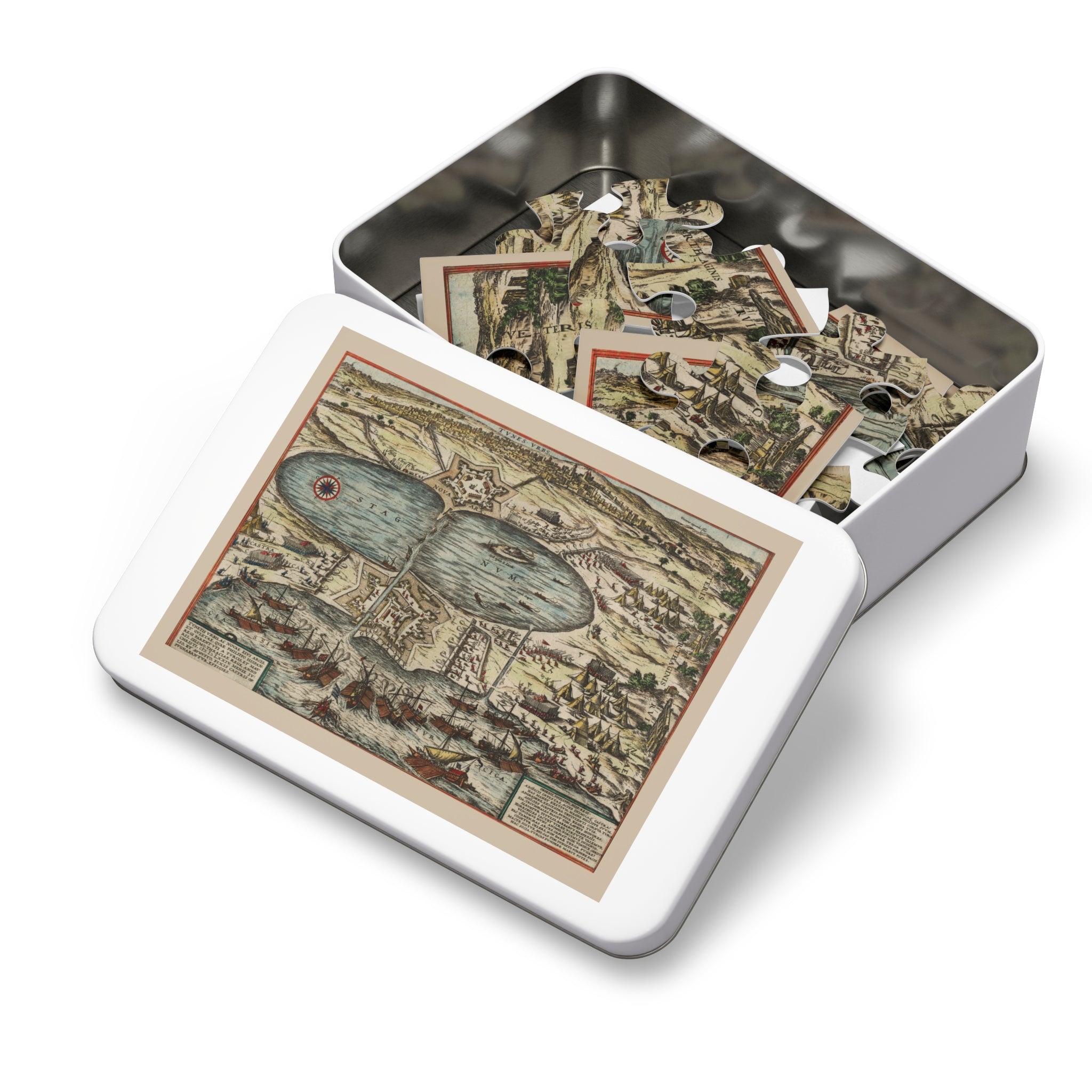 Tunis City Map Battle Scene Jigsaw Puzzle with Tin — Historic Harbor Illustration
