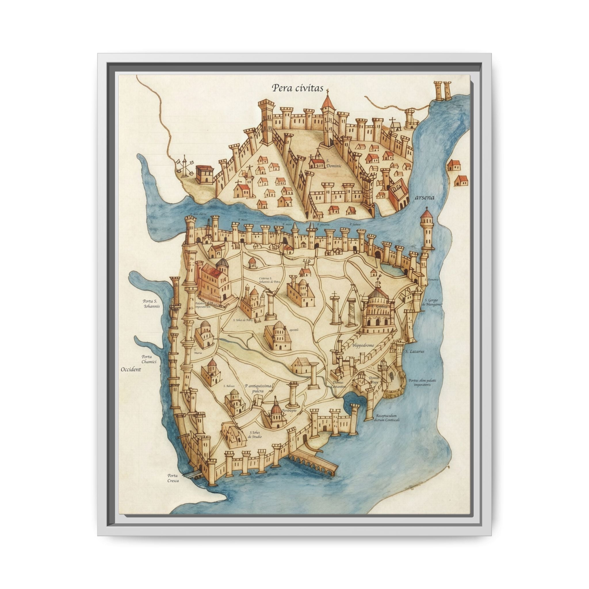 Framed Vintage Constantinople Map Canvas — Matte Nautical Wall Art
