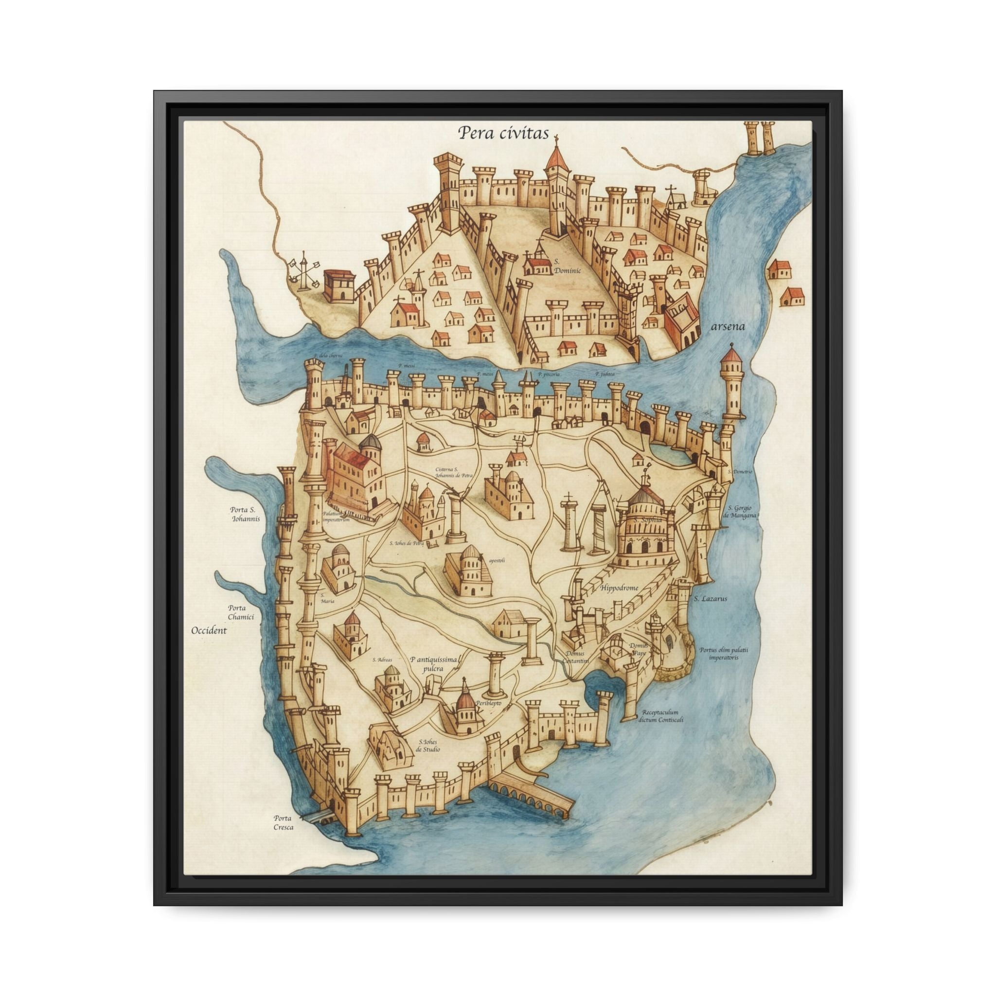 Framed Vintage Constantinople Map Canvas — Matte Nautical Wall Art