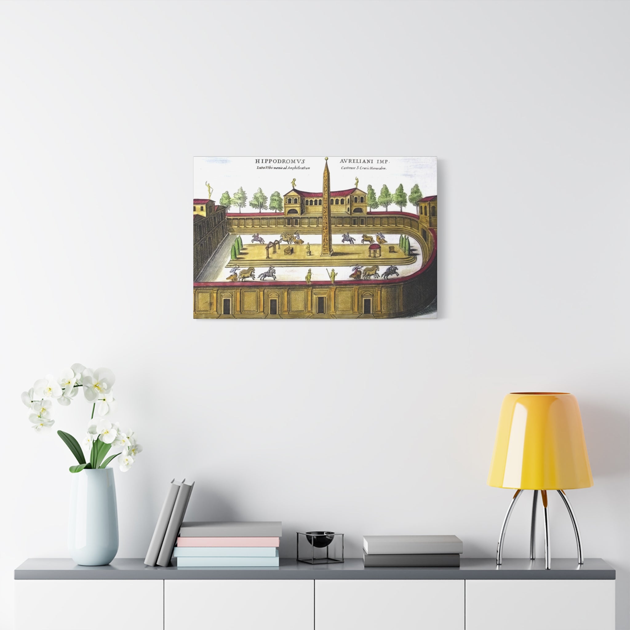 Antique Hand-Colored Engraving Canvas Print of a Roman Hippodrome (Circus Varianus), Chariot Racing Scene, Obelisk, Rome Antiquarian Print