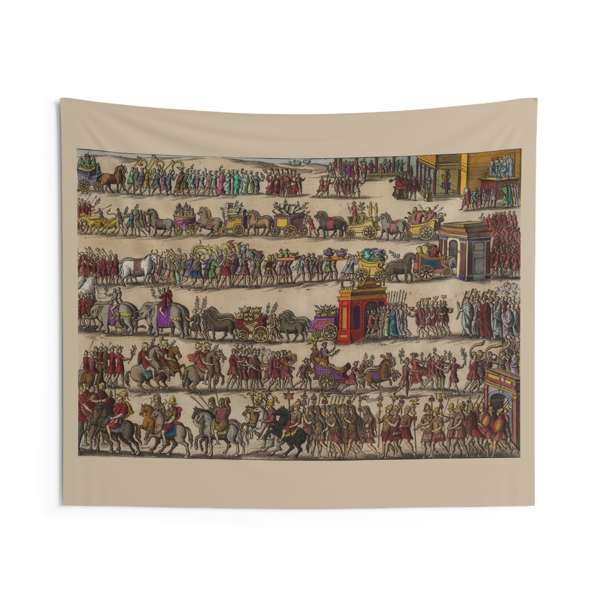 Roman Triumph Engraving Indoor Wall Tapestry | Antique Chariots Soldiers Elephants