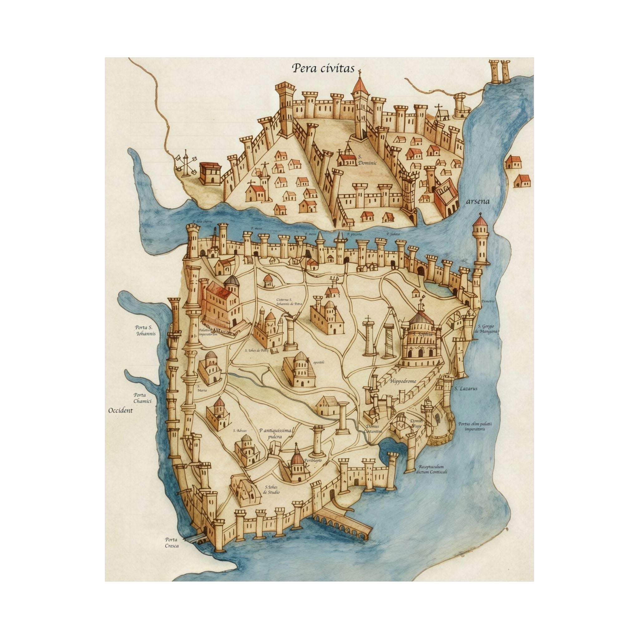 Vintage Constantinople City Map Satin Poster — Antique Coastal Map Wall Art