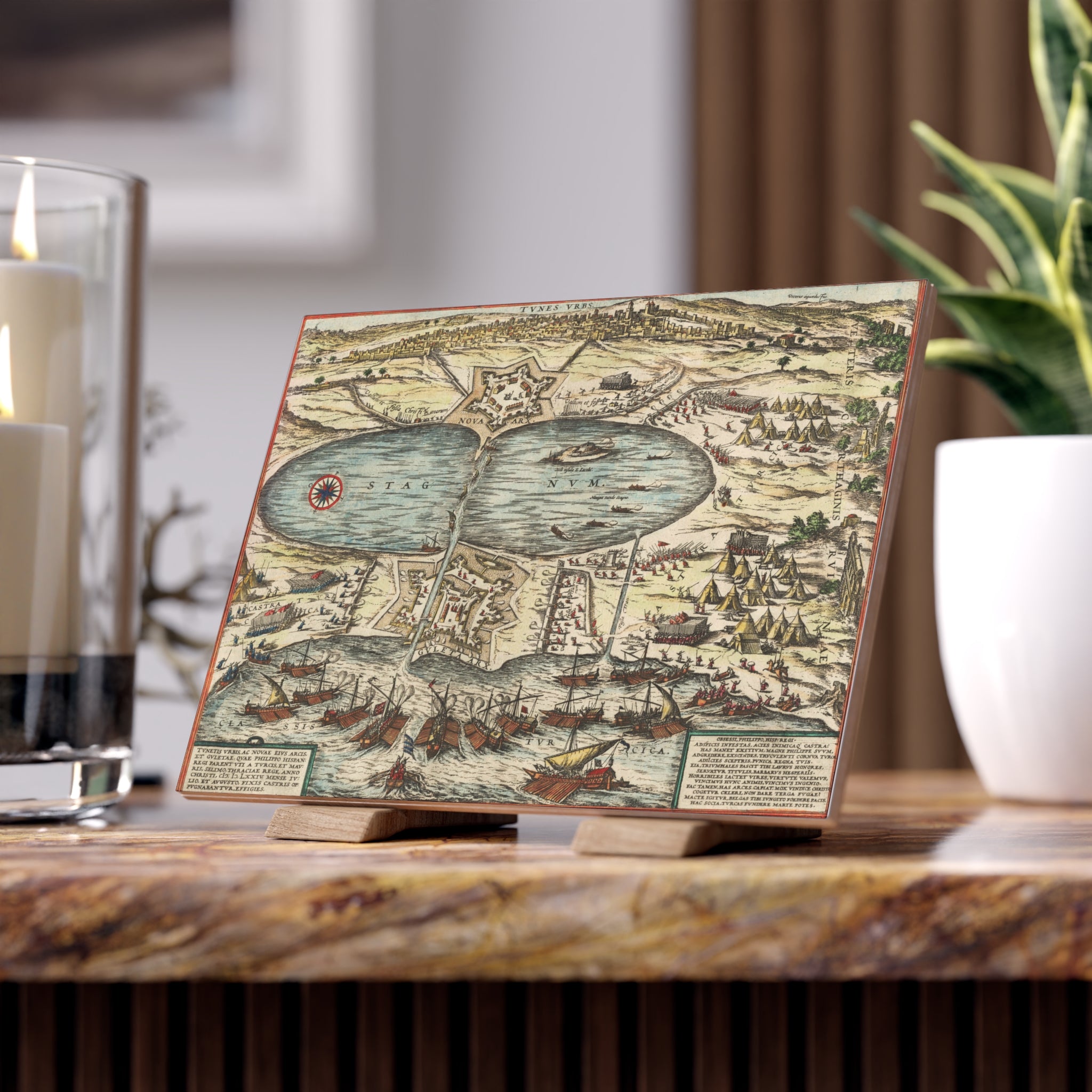 Antique Tunis City View and Battle Scene Ceramic Photo Tile — Antique Battle Print Wall Tile