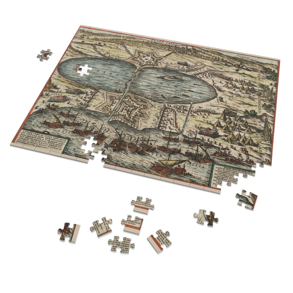 Tunis City Map Battle Scene Jigsaw Puzzle with Tin — Historic Harbor Illustration