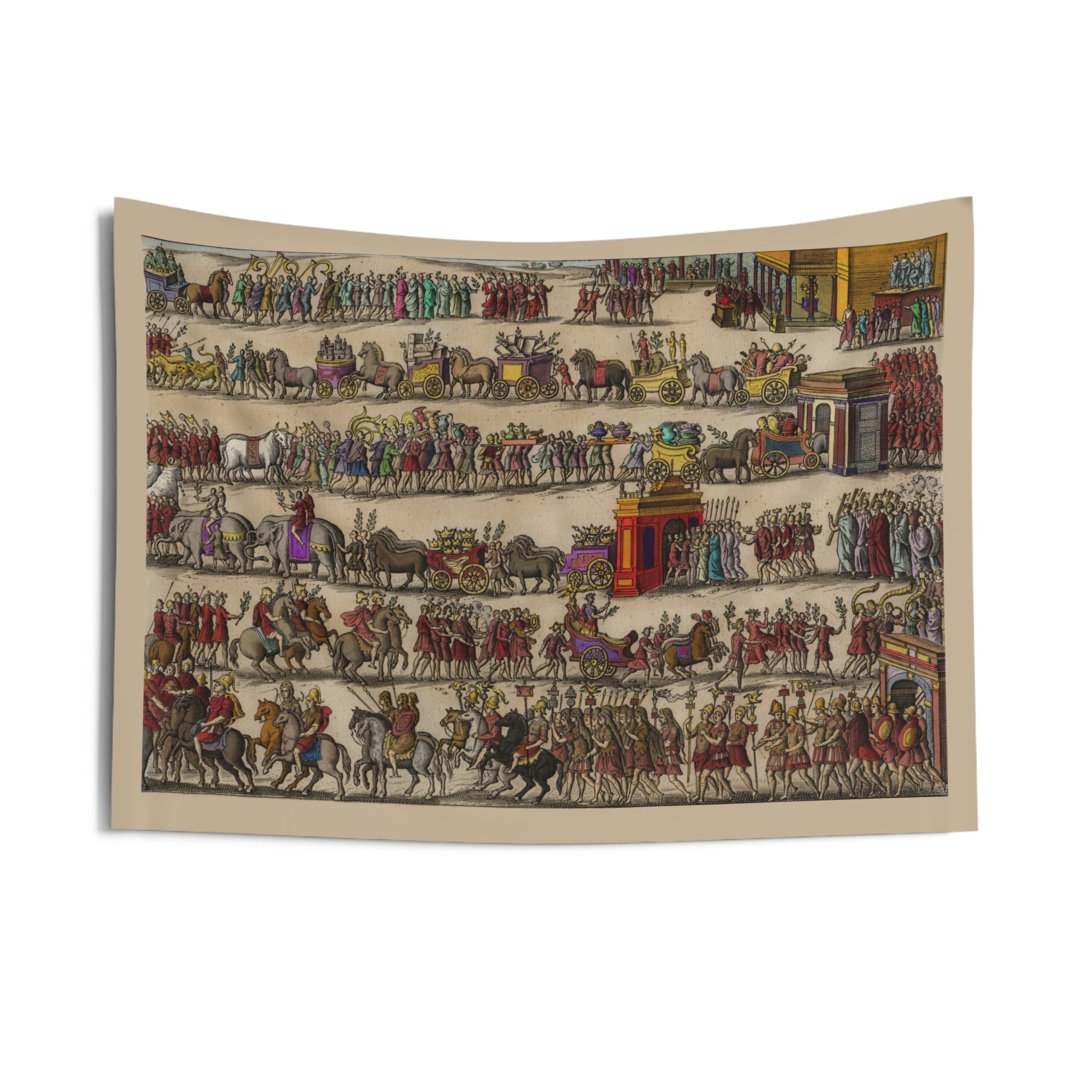 Roman Triumph Engraving Indoor Wall Tapestry | Antique Chariots Soldiers Elephants
