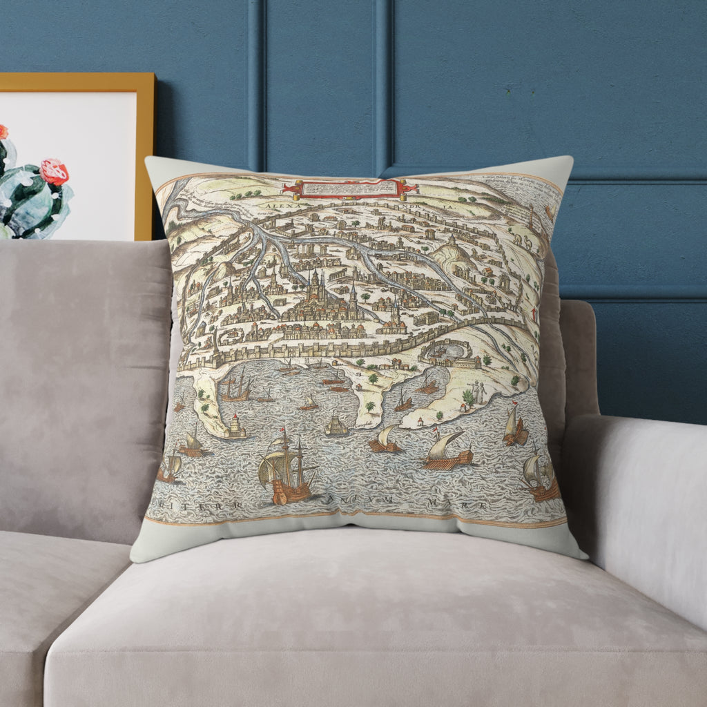 Renaissance Alexandria City View Square Pillow — Braun & Hogenberg Alexandria Port