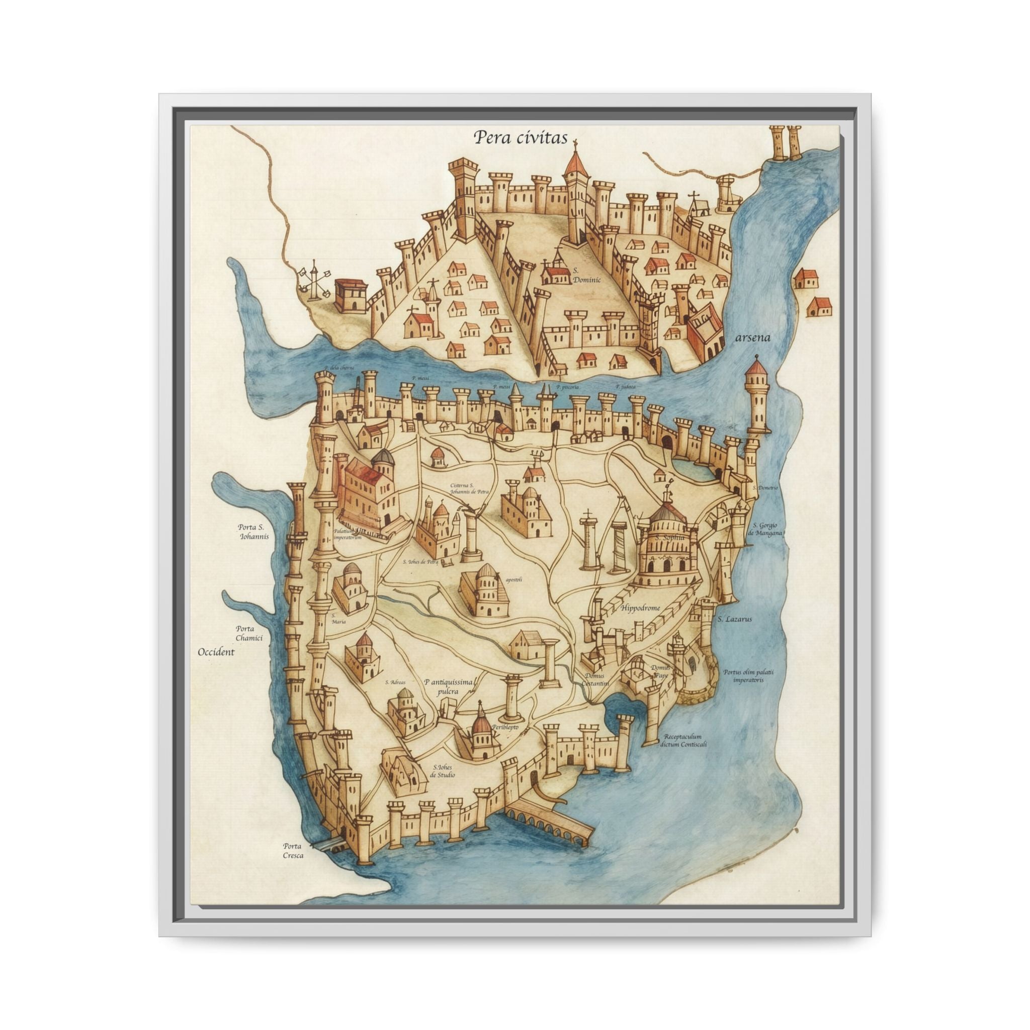 Framed Vintage Constantinople Map Canvas — Matte Nautical Wall Art