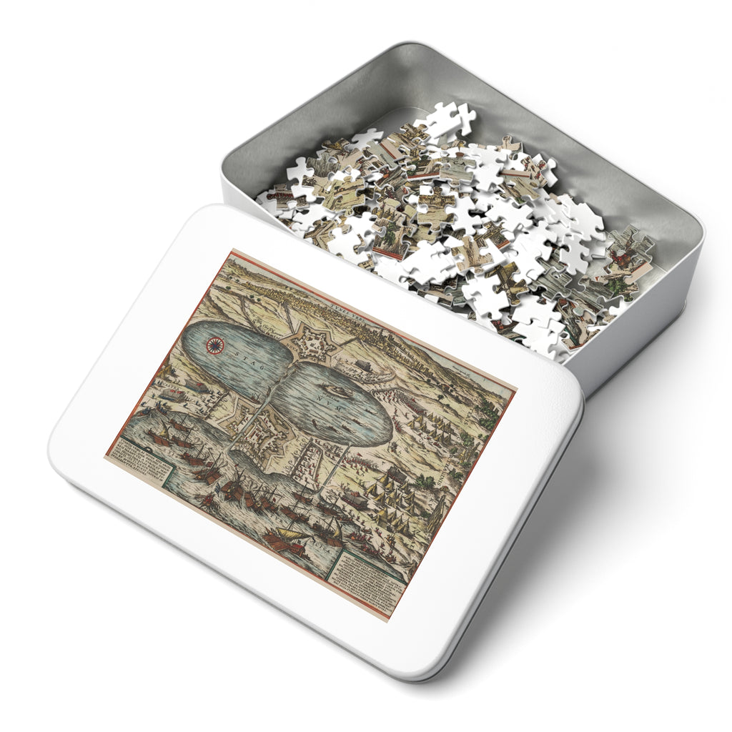 Tunis City Map Battle Scene Jigsaw Puzzle with Tin — Historic Harbor Illustration