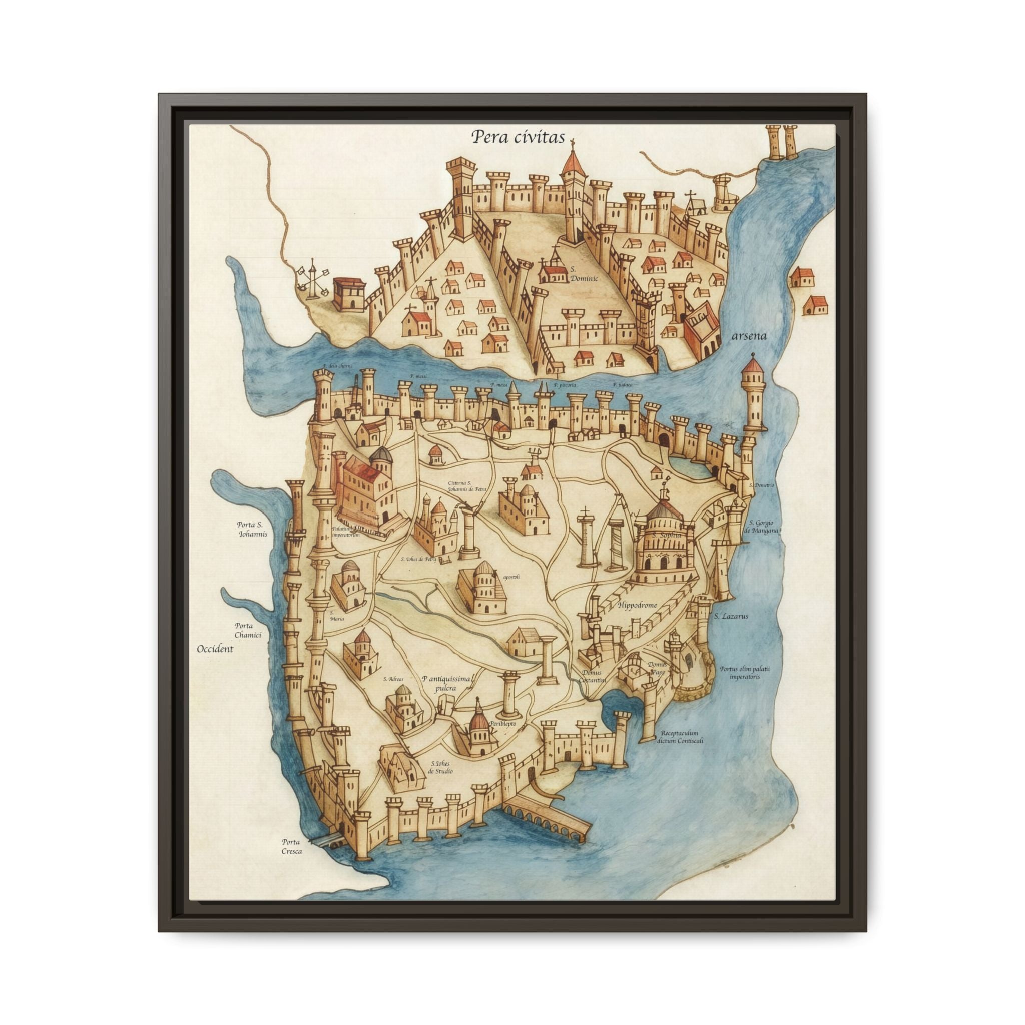 Framed Vintage Constantinople Map Canvas — Matte Nautical Wall Art