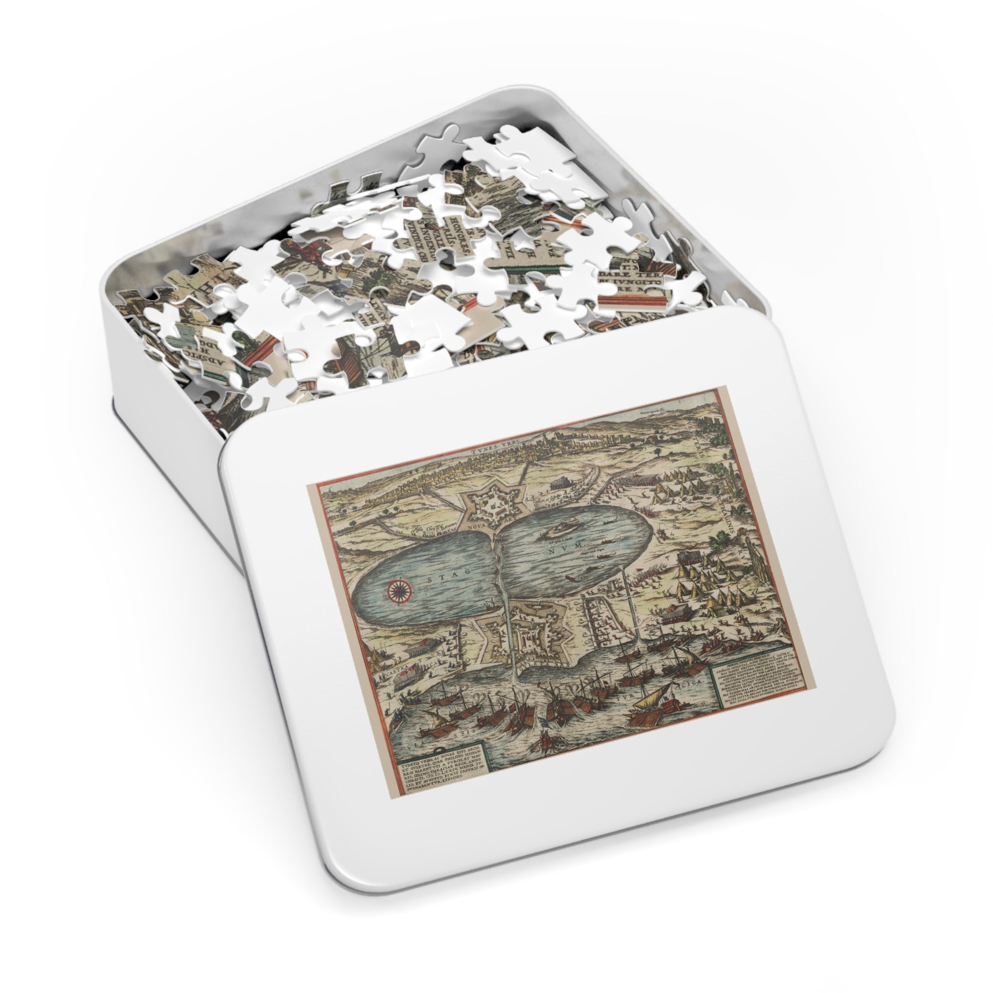 Tunis City Map Battle Scene Jigsaw Puzzle with Tin — Historic Harbor Illustration