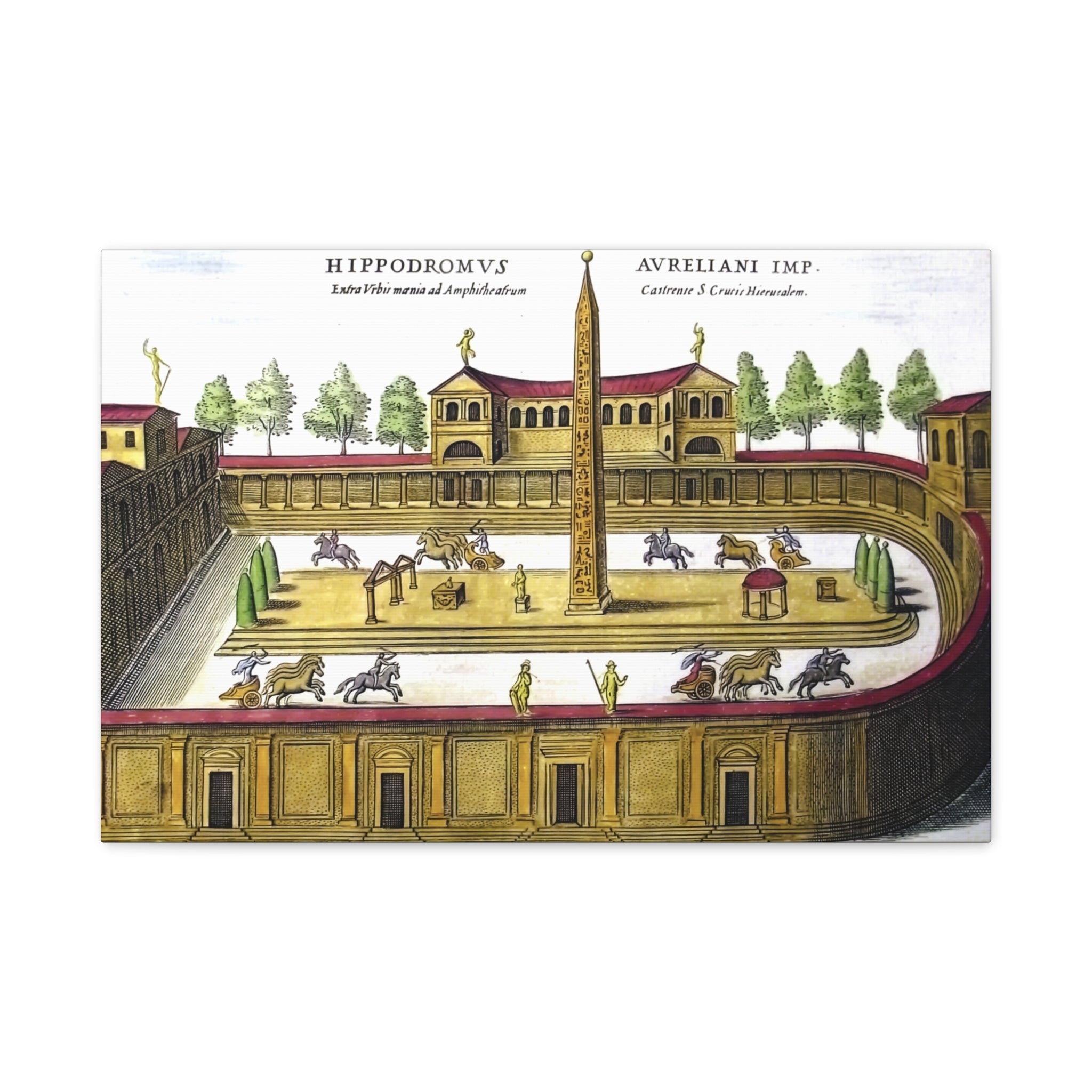 Antique Hand-Colored Engraving Canvas Print of a Roman Hippodrome (Circus Varianus), Chariot Racing Scene, Obelisk, Rome Antiquarian Print