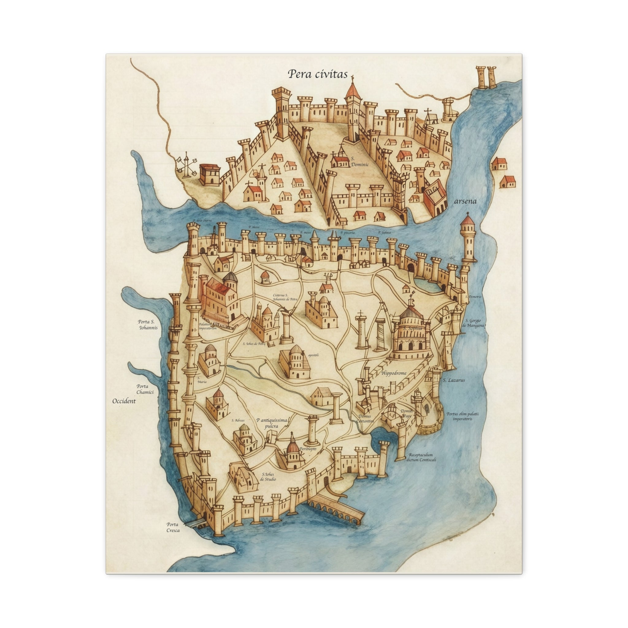Medieval Constantinople City Map Canvas Print — Vintage Map Wall Art