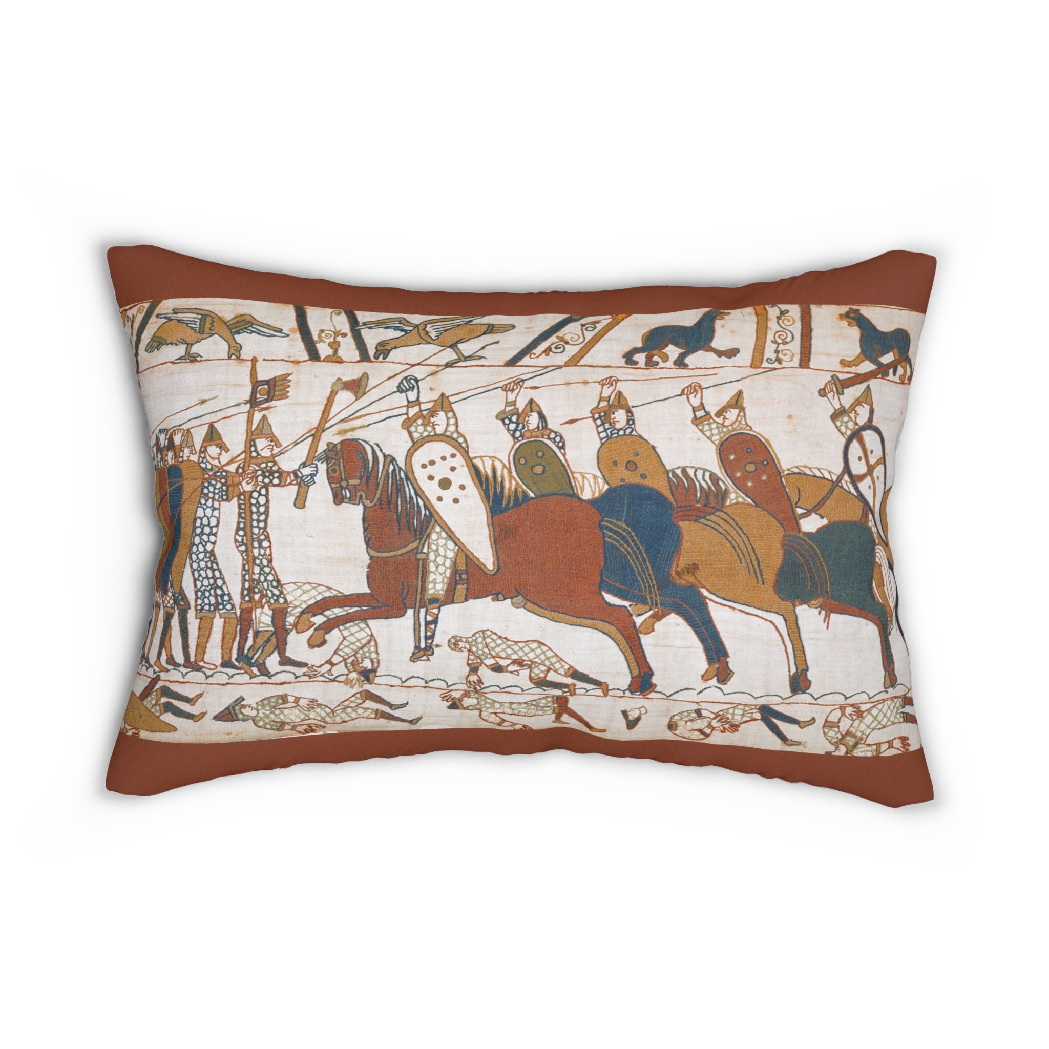 Bayeux Tapestry Cavalry Charge Pillow — Medieval Knight Horse Scene Decorative Pillow