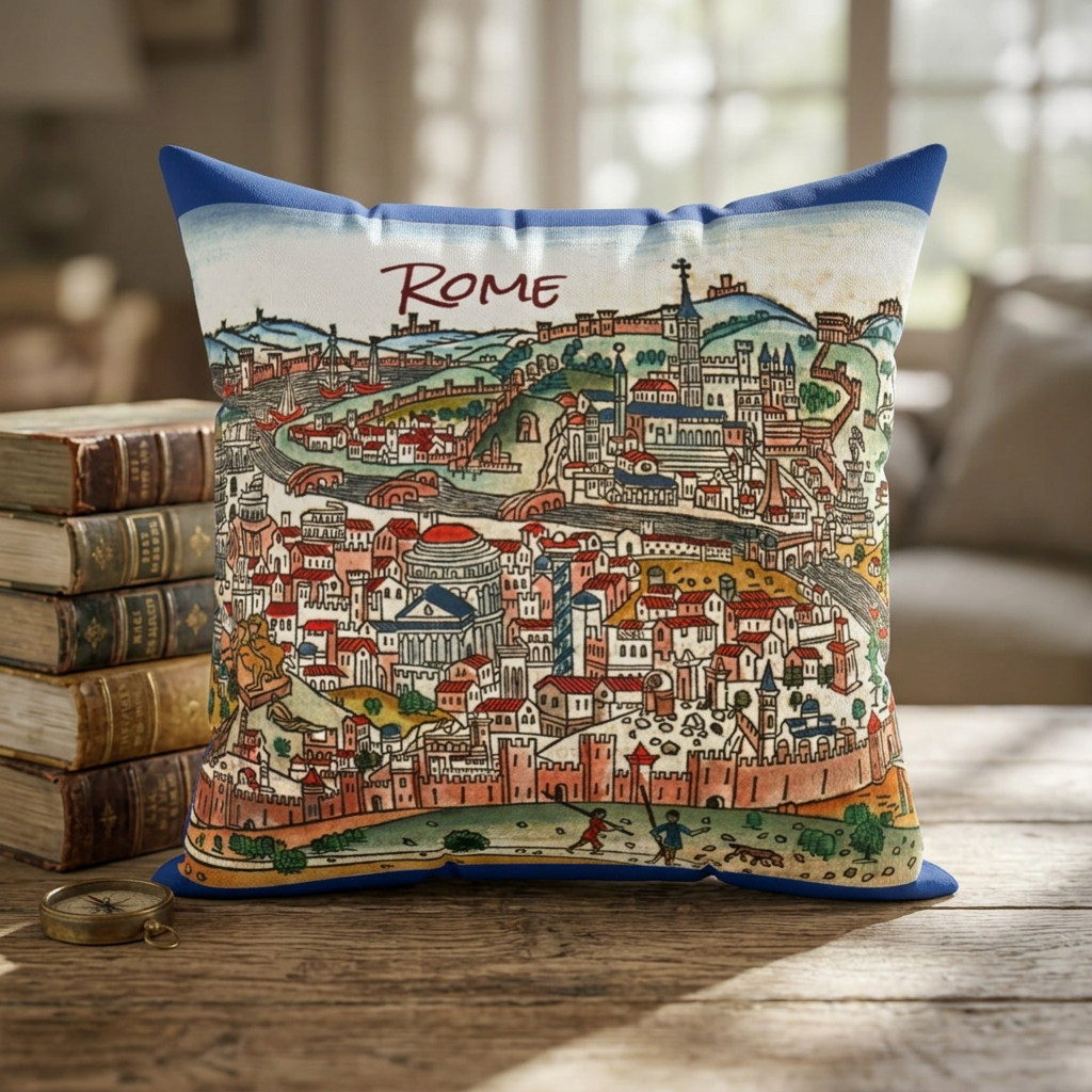 Rome (Roma) Antique-Style City View Pillow | Faux Suede Square Pillow