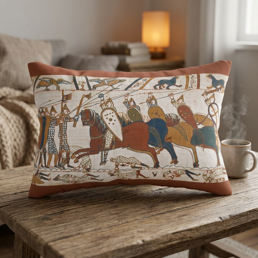Bayeux Tapestry Cavalry Charge Pillow — Medieval Knight Horse Scene Decorative Pillow