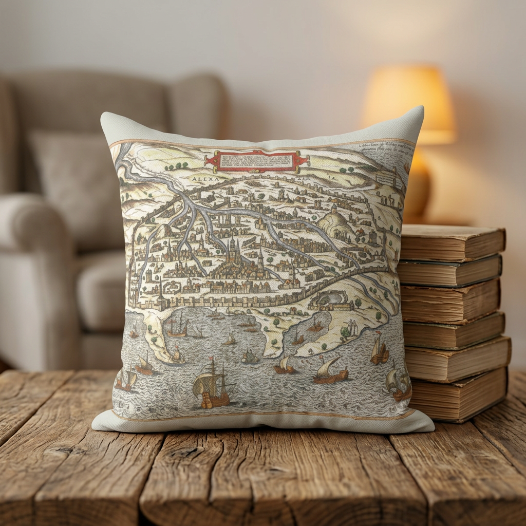Renaissance Alexandria City View Square Pillow — Braun & Hogenberg Alexandria Port