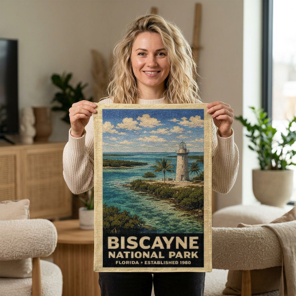 Biscayne National Park Woven Wall Tapestry — Coastal Lighthouse Travel Poster