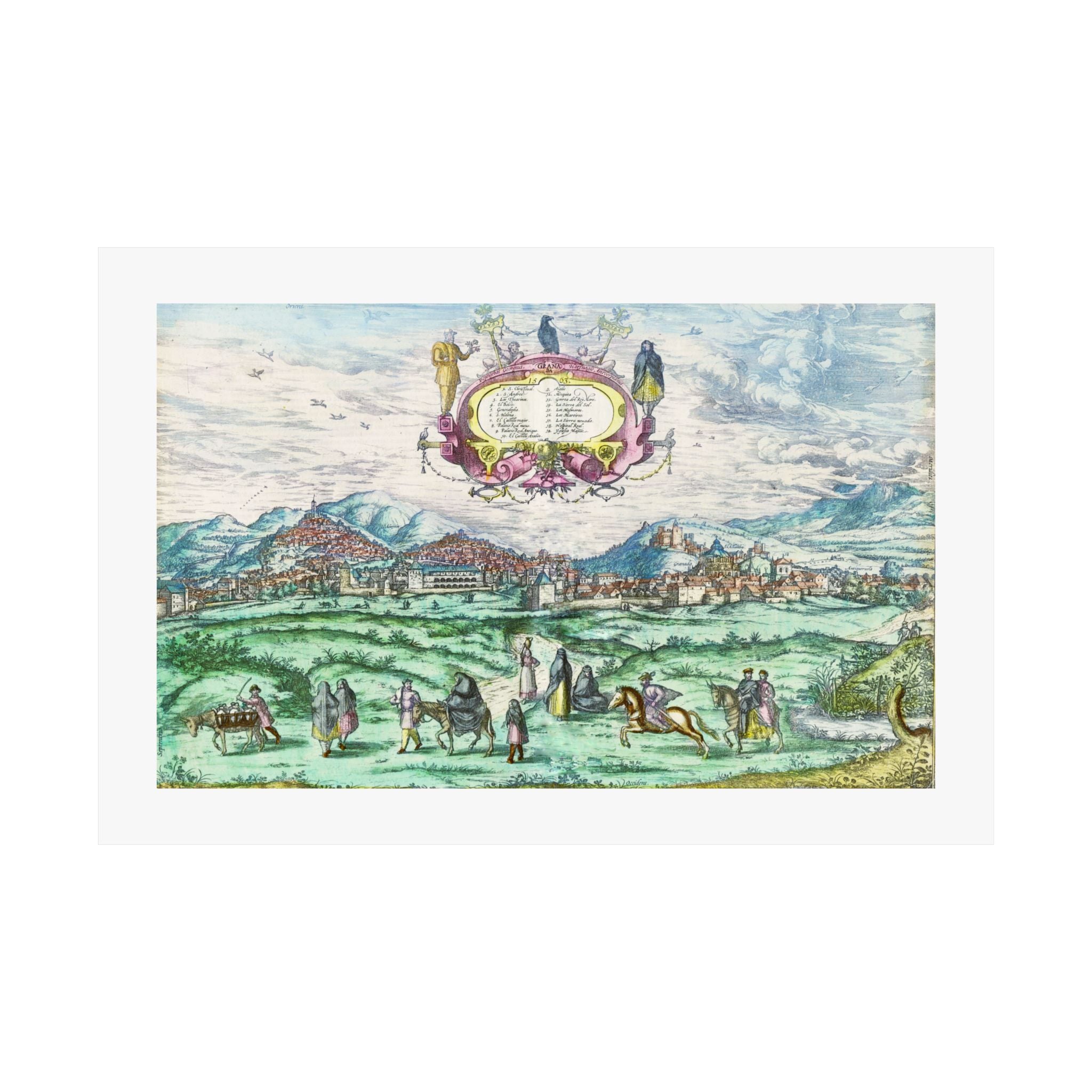 Hand-colored Renaissance Granada City View Satin Poster | Historic Map Art, Civitates Orbis Terrarum