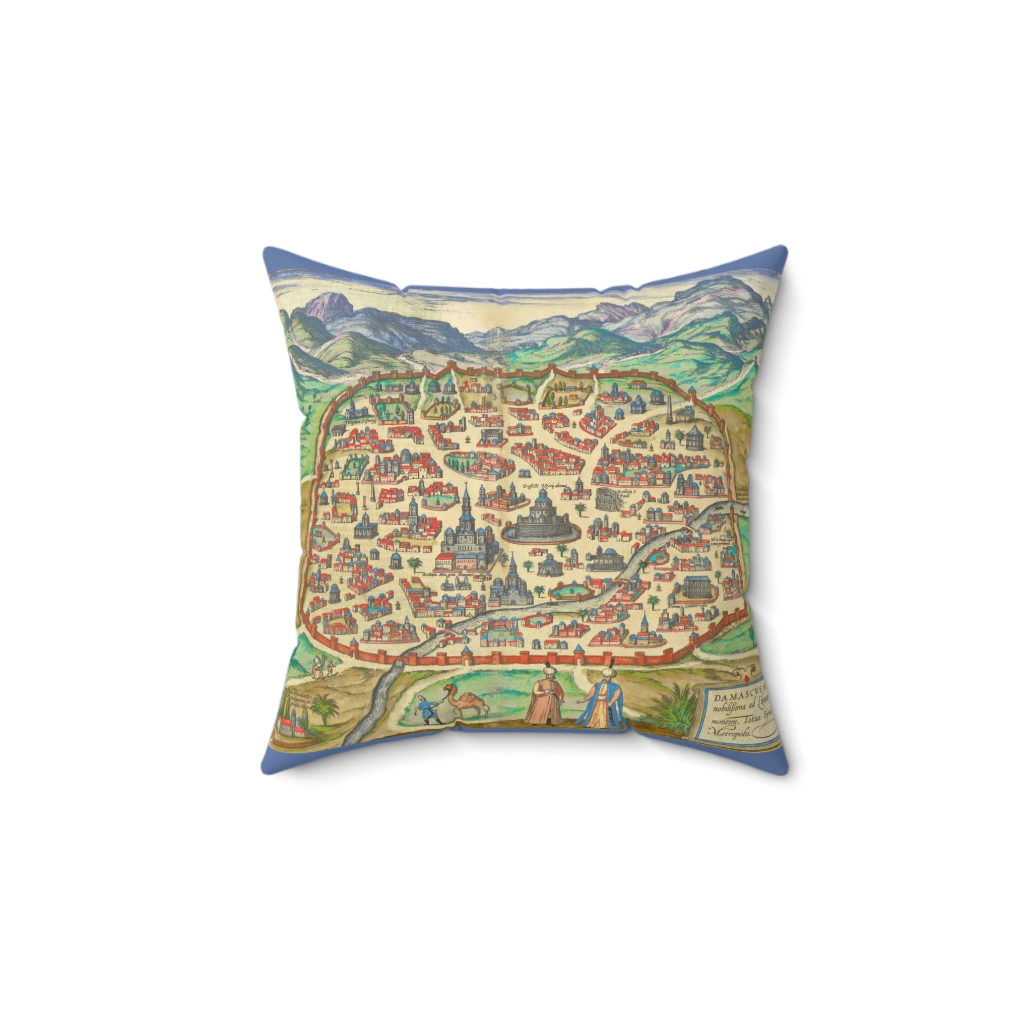 Antique Damascus Syria Birdseye City Map Pillow | Vintage Illustrated Map Decorative Pillow