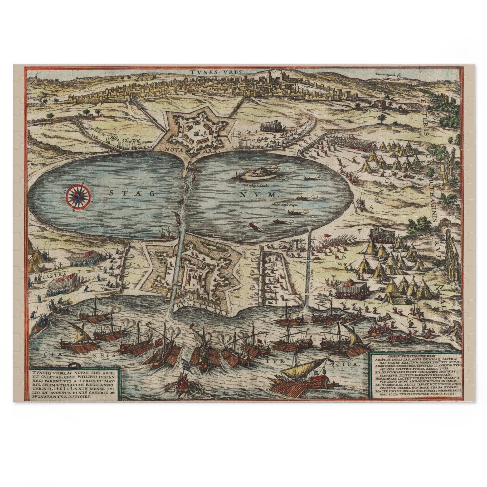 Tunis City Map Battle Scene Jigsaw Puzzle with Tin — Historic Harbor Illustration