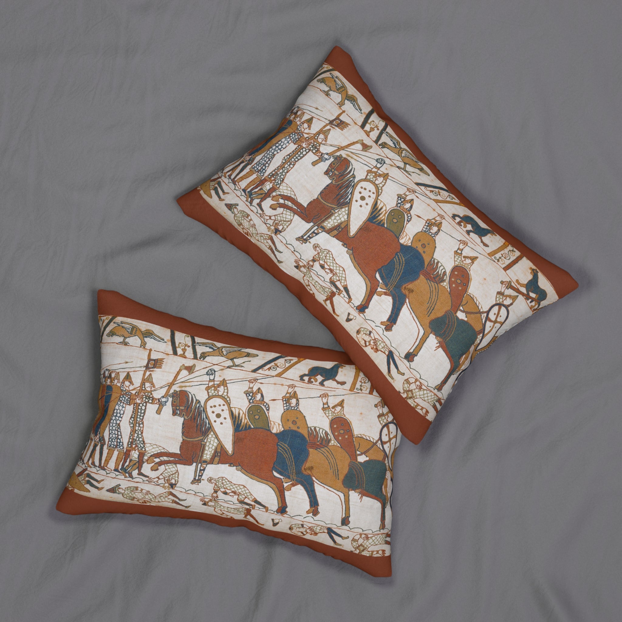 Bayeux Tapestry Cavalry Charge Pillow — Medieval Knight Horse Scene Decorative Pillow