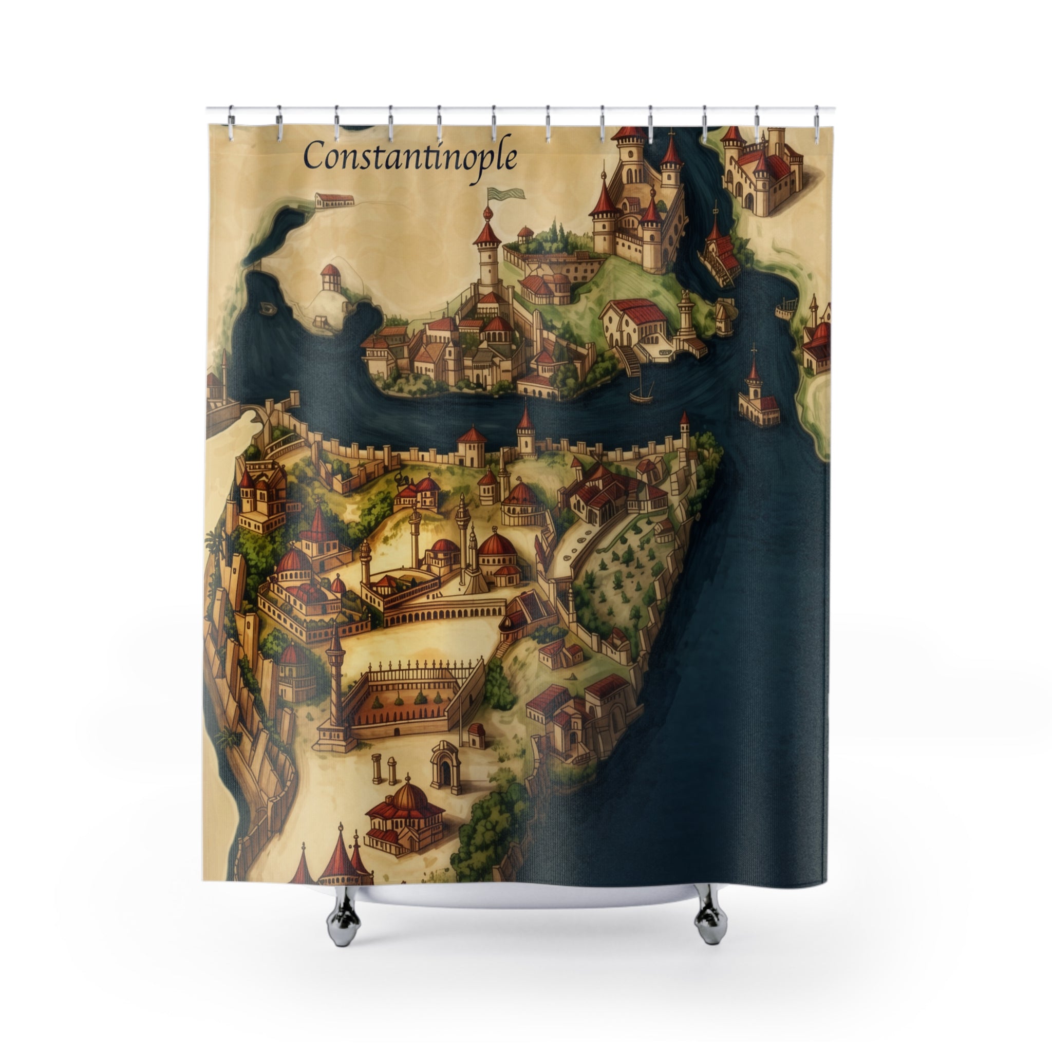 Constantinople Map Shower Curtain — Vintage Istanbul Cityscape Bathroom Decor