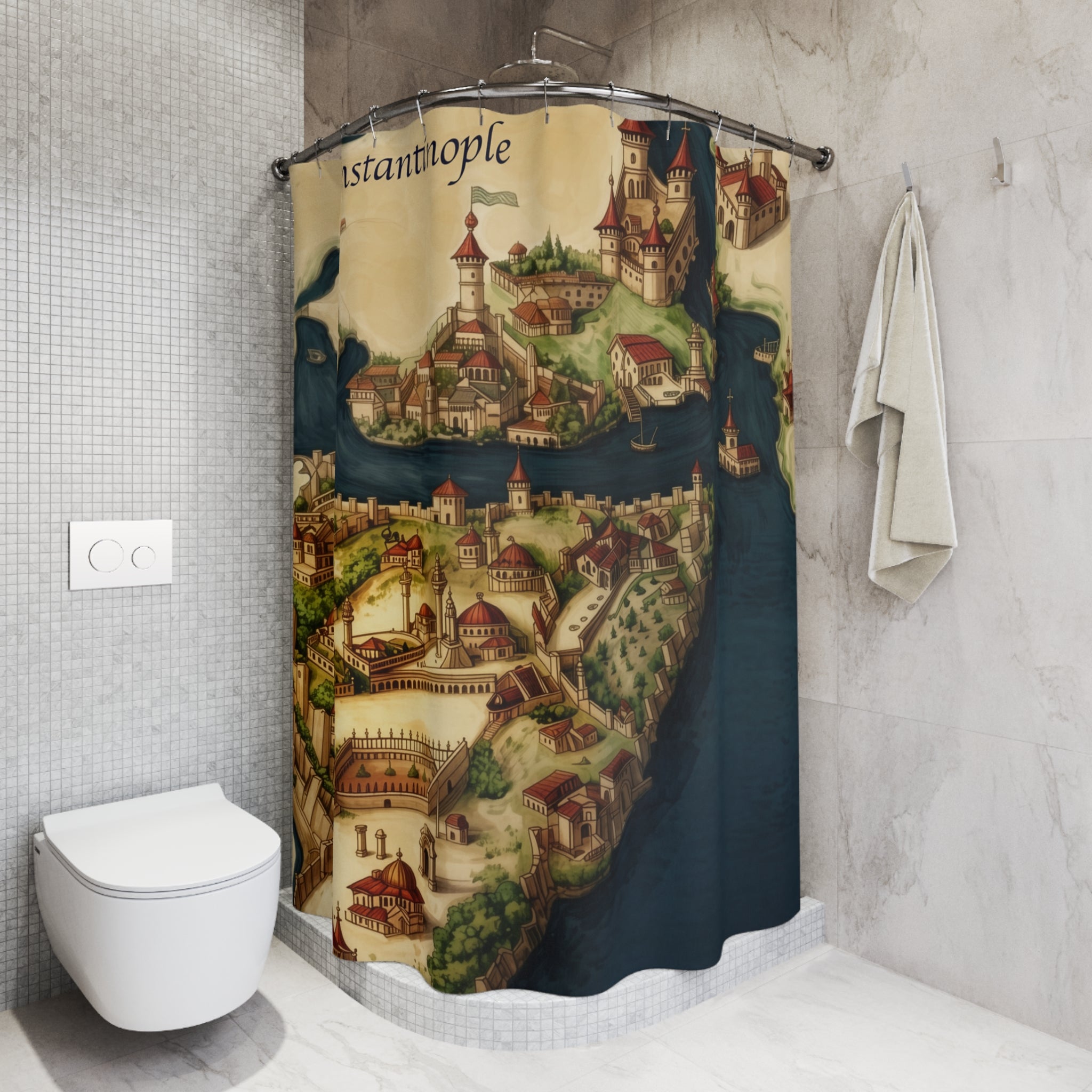 Constantinople Map Shower Curtain — Vintage Istanbul Cityscape Bathroom Decor