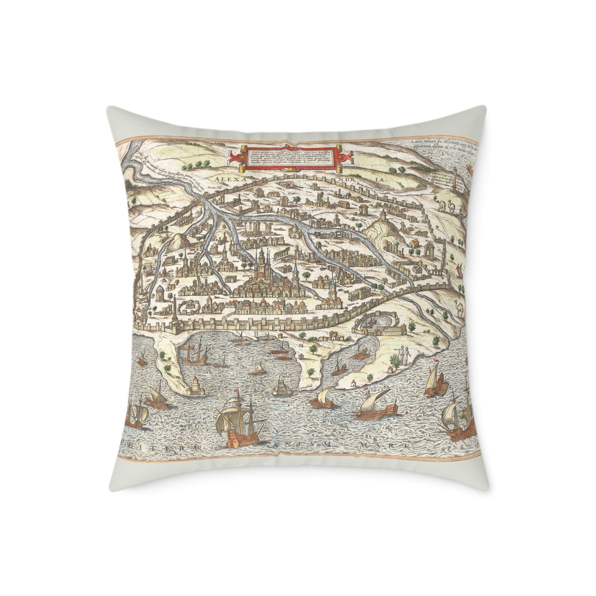 Renaissance Alexandria City View Square Pillow — Braun & Hogenberg Alexandria Port
