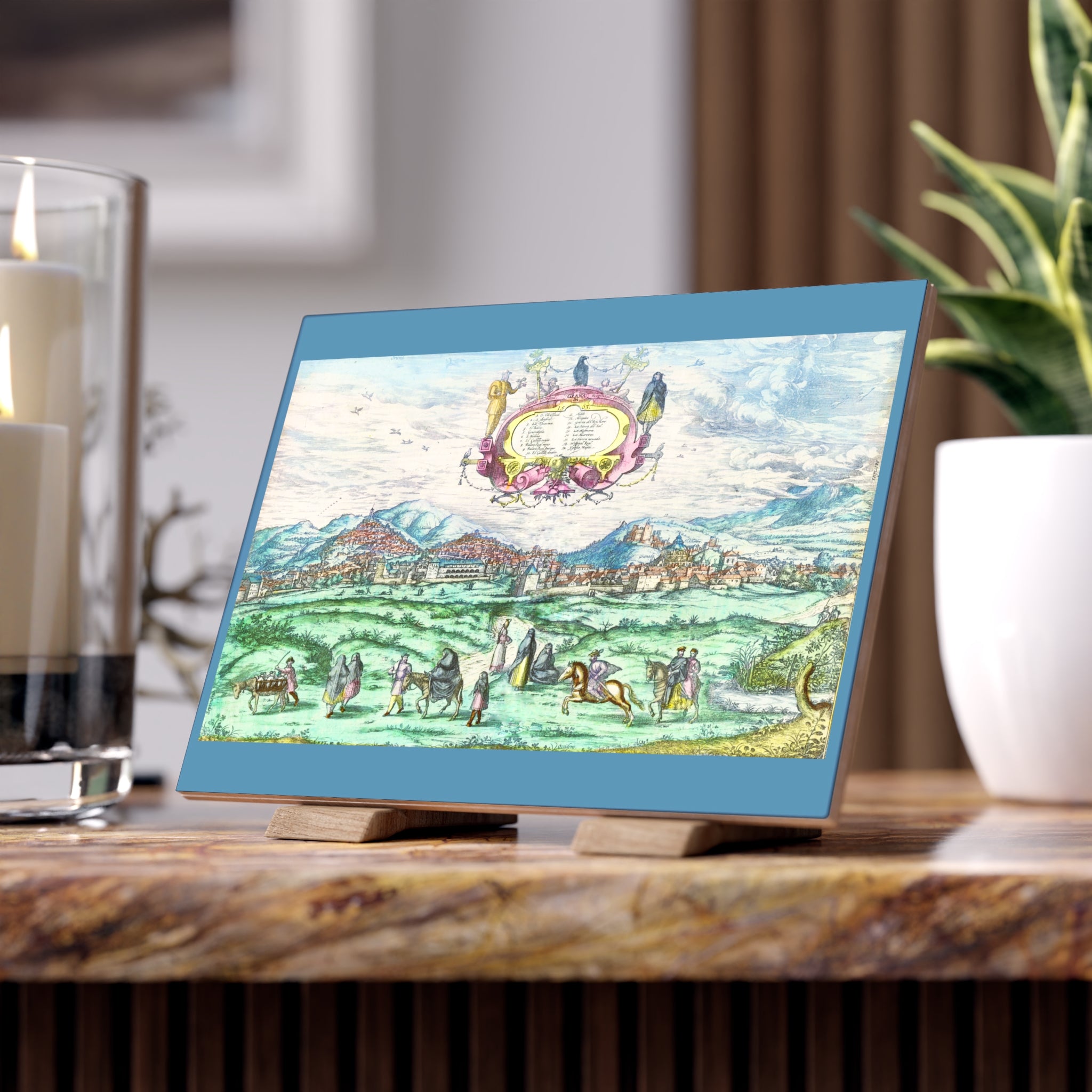 Granada Hand-Colored City View Ceramic Photo Tile | Antique Spanish Cityscape Illustration