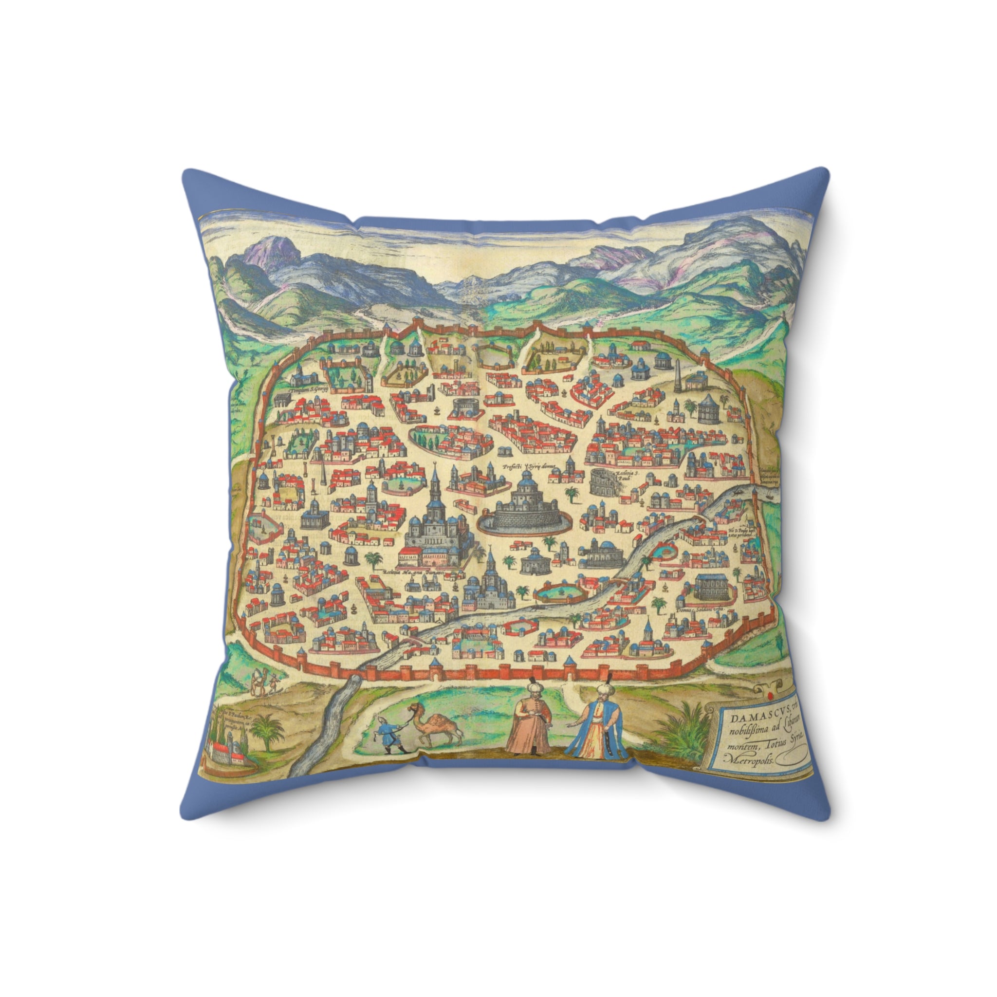 Antique Damascus Syria Birdseye City Map Pillow | Vintage Illustrated Map Decorative Pillow
