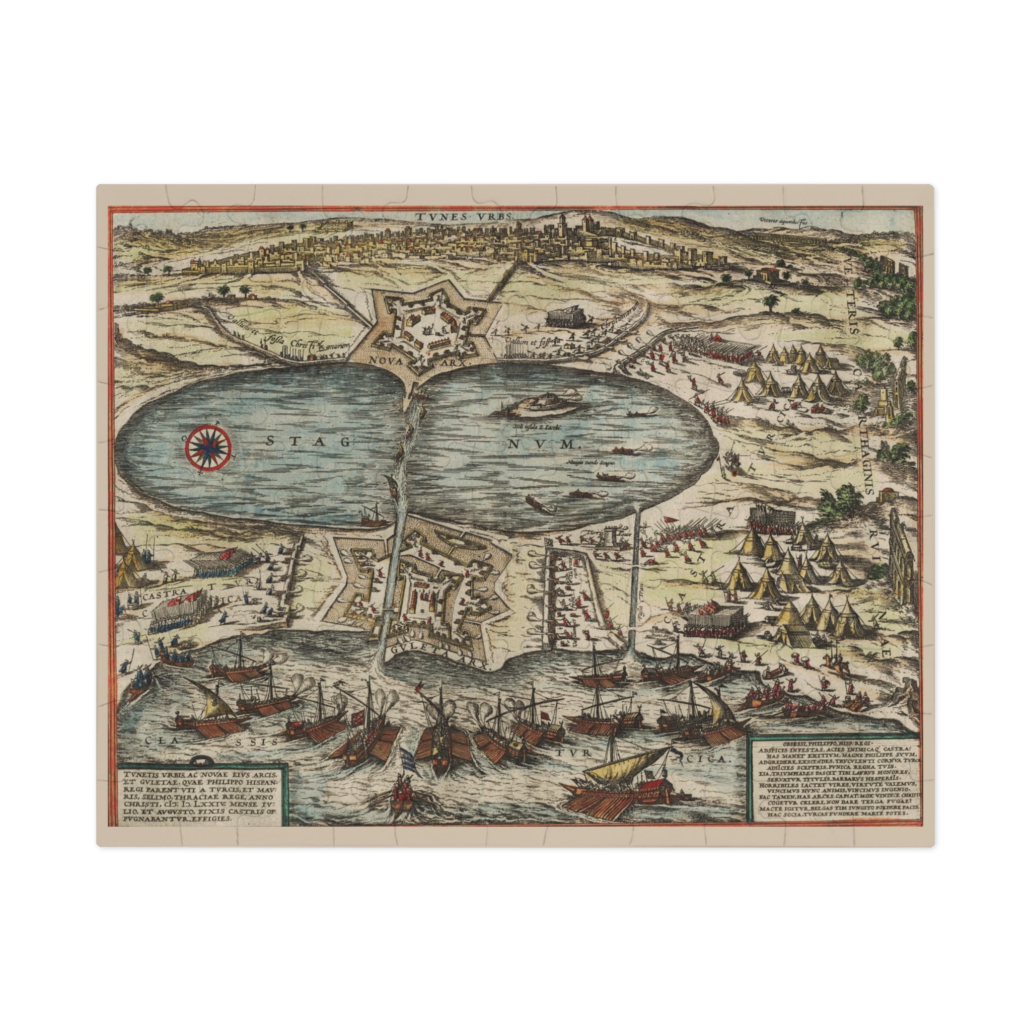 Tunis City Map Battle Scene Jigsaw Puzzle with Tin — Historic Harbor Illustration