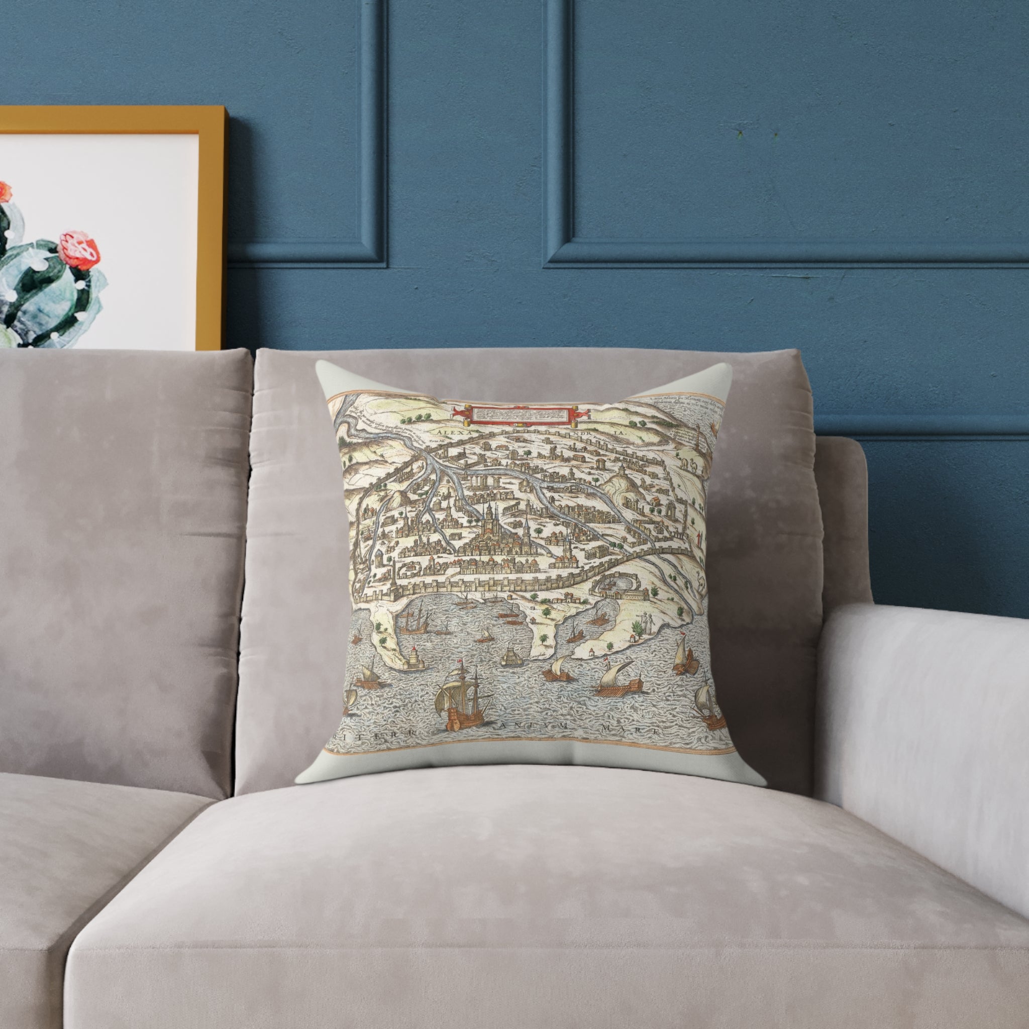 Renaissance Alexandria City View Square Pillow — Braun & Hogenberg Alexandria Port