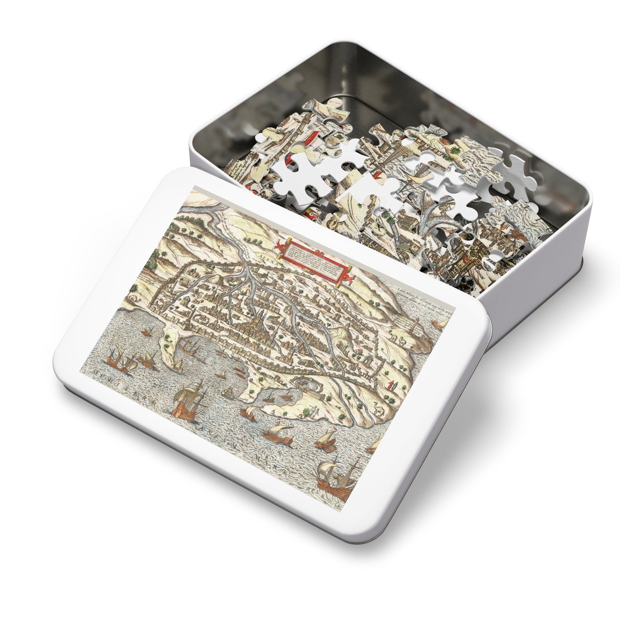 Antique 17th Century Alexandria City-View Jigsaw Puzzle with Tin