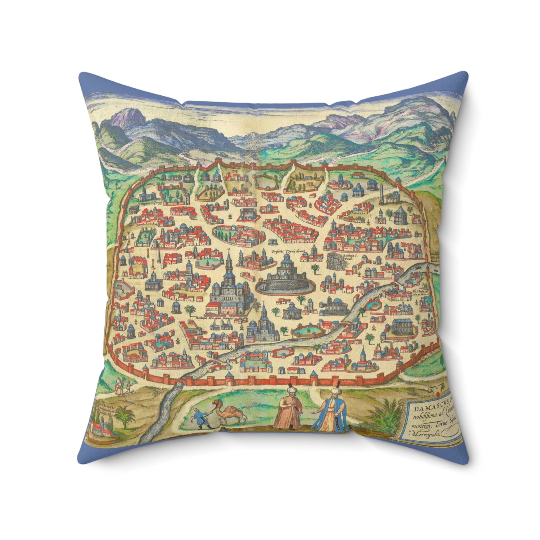 Antique Damascus Syria Birdseye City Map Pillow | Vintage Illustrated Map Decorative Pillow