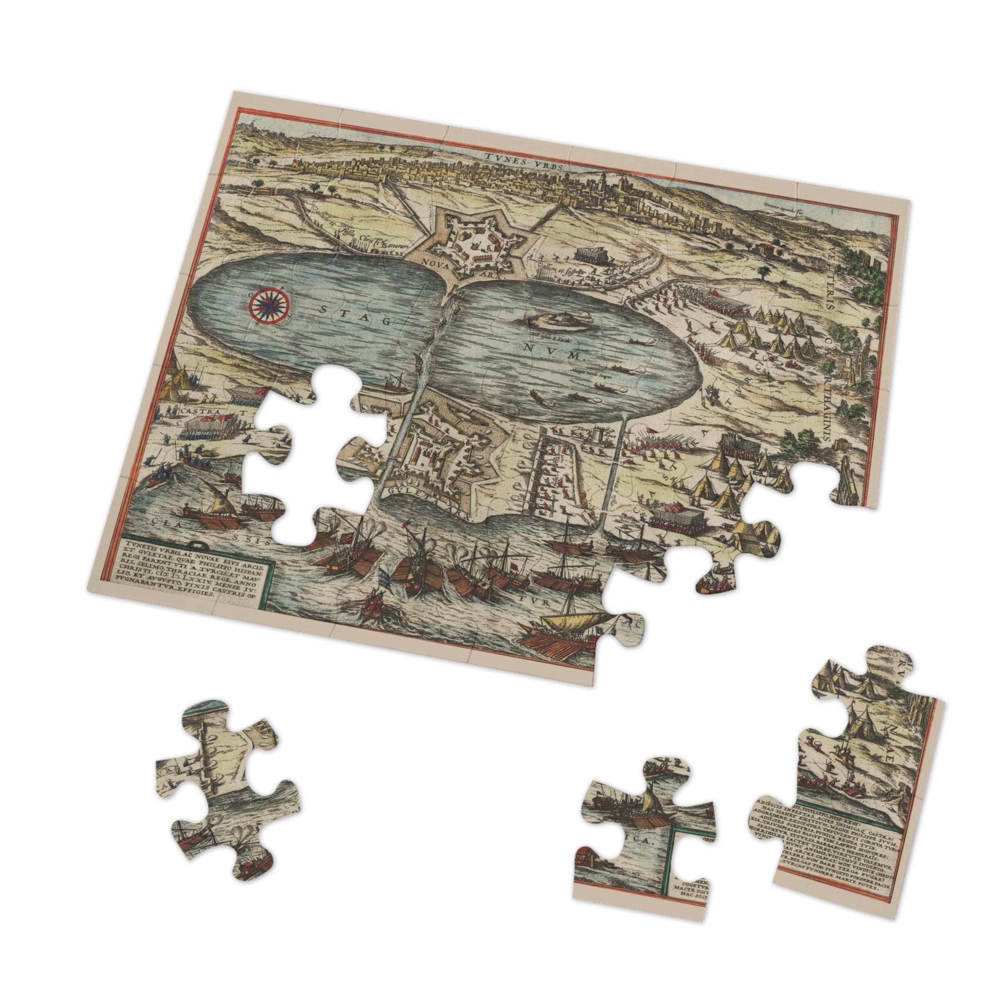 Tunis City Map Battle Scene Jigsaw Puzzle with Tin — Historic Harbor Illustration