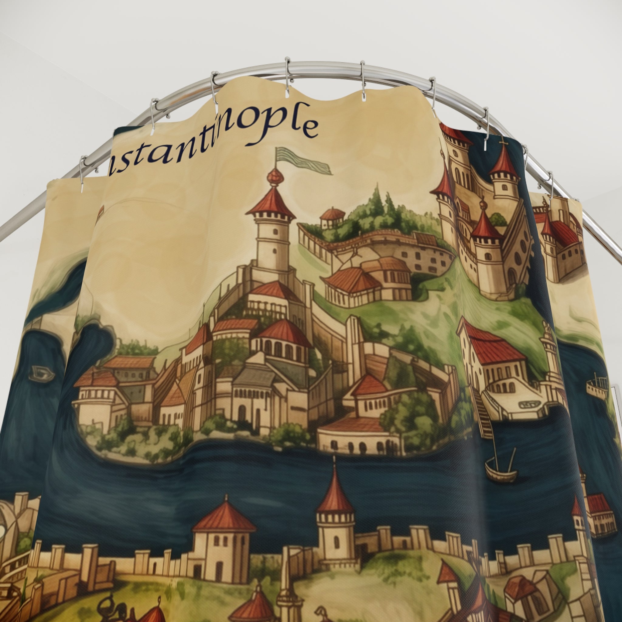 Constantinople Map Shower Curtain — Vintage Istanbul Cityscape Bathroom Decor