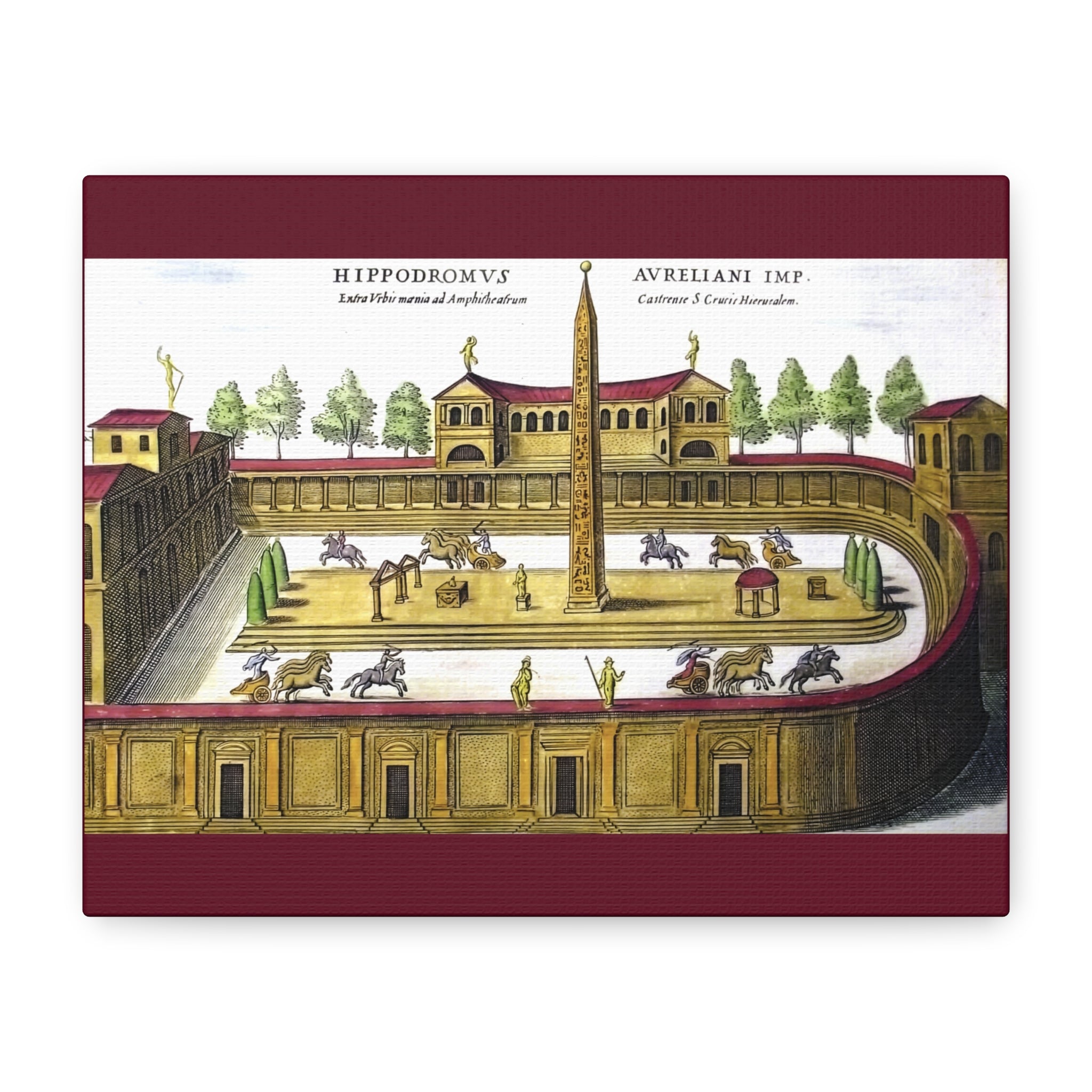 Antique Hand-Colored Engraving Canvas Print of a Roman Hippodrome (Circus Varianus), Chariot Racing Scene, Obelisk, Rome Antiquarian Print