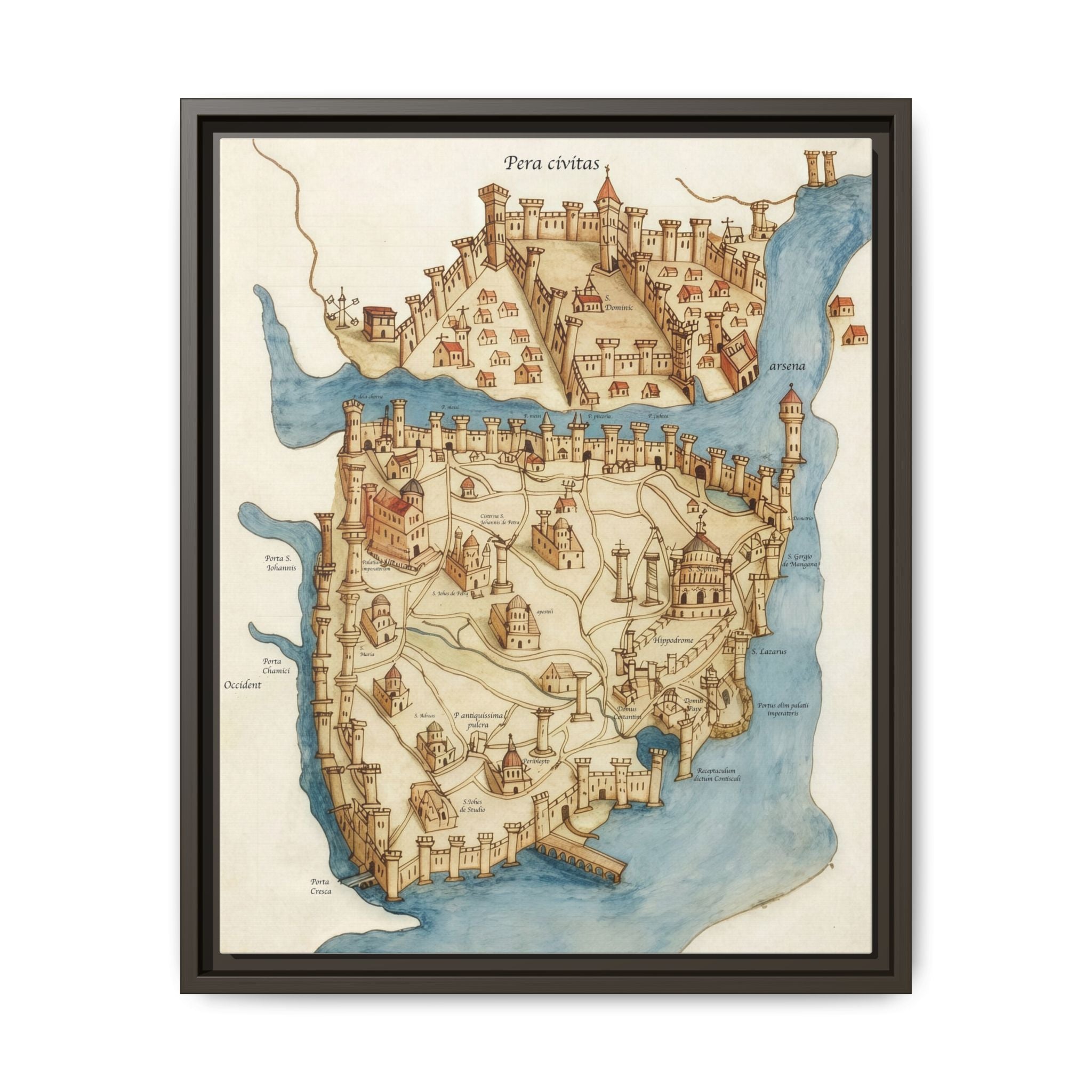 Framed Vintage Constantinople Map Canvas — Matte Nautical Wall Art