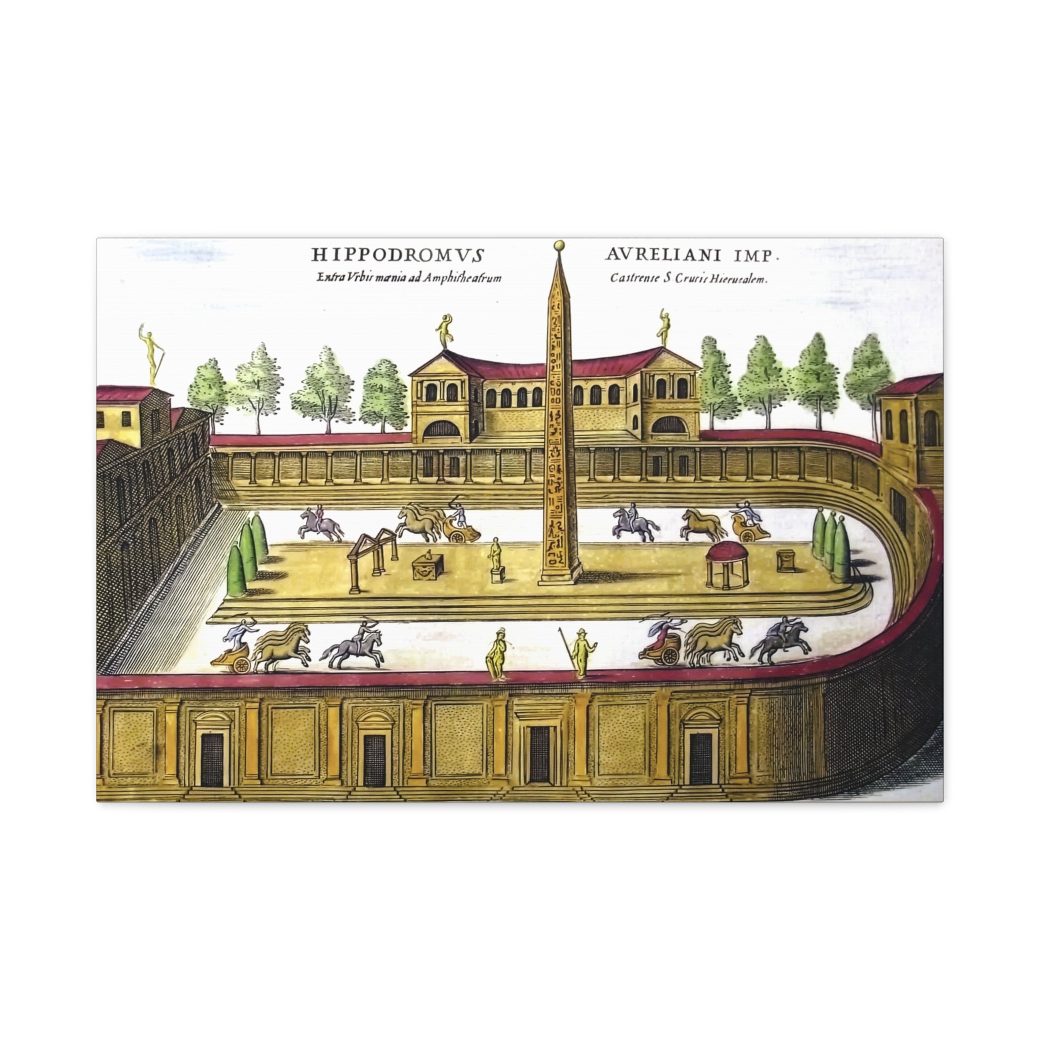 Antique Hand-Colored Engraving Canvas Print of a Roman Hippodrome (Circus Varianus), Chariot Racing Scene, Obelisk, Rome Antiquarian Print