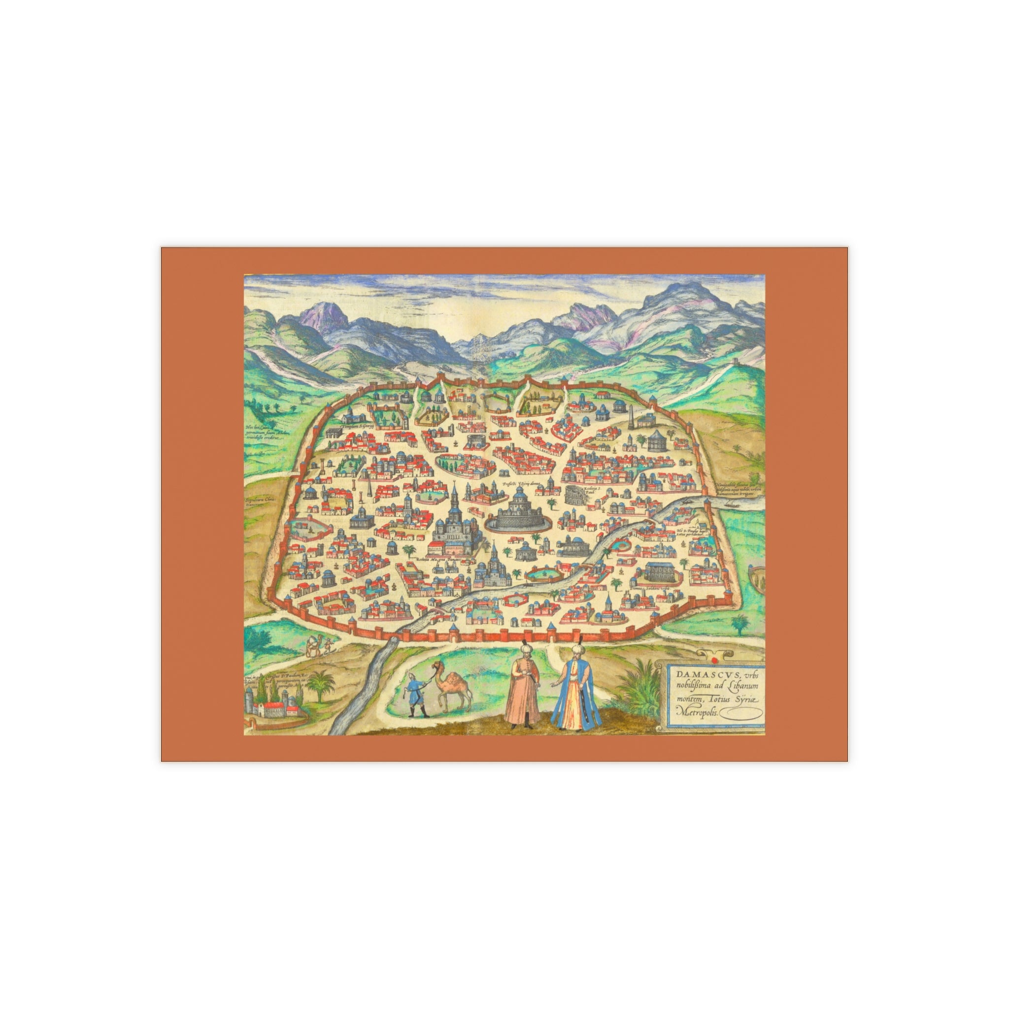 Antique Damascus Syria Birdseye Map Ceramic Tile | Historic Map Wall Tile