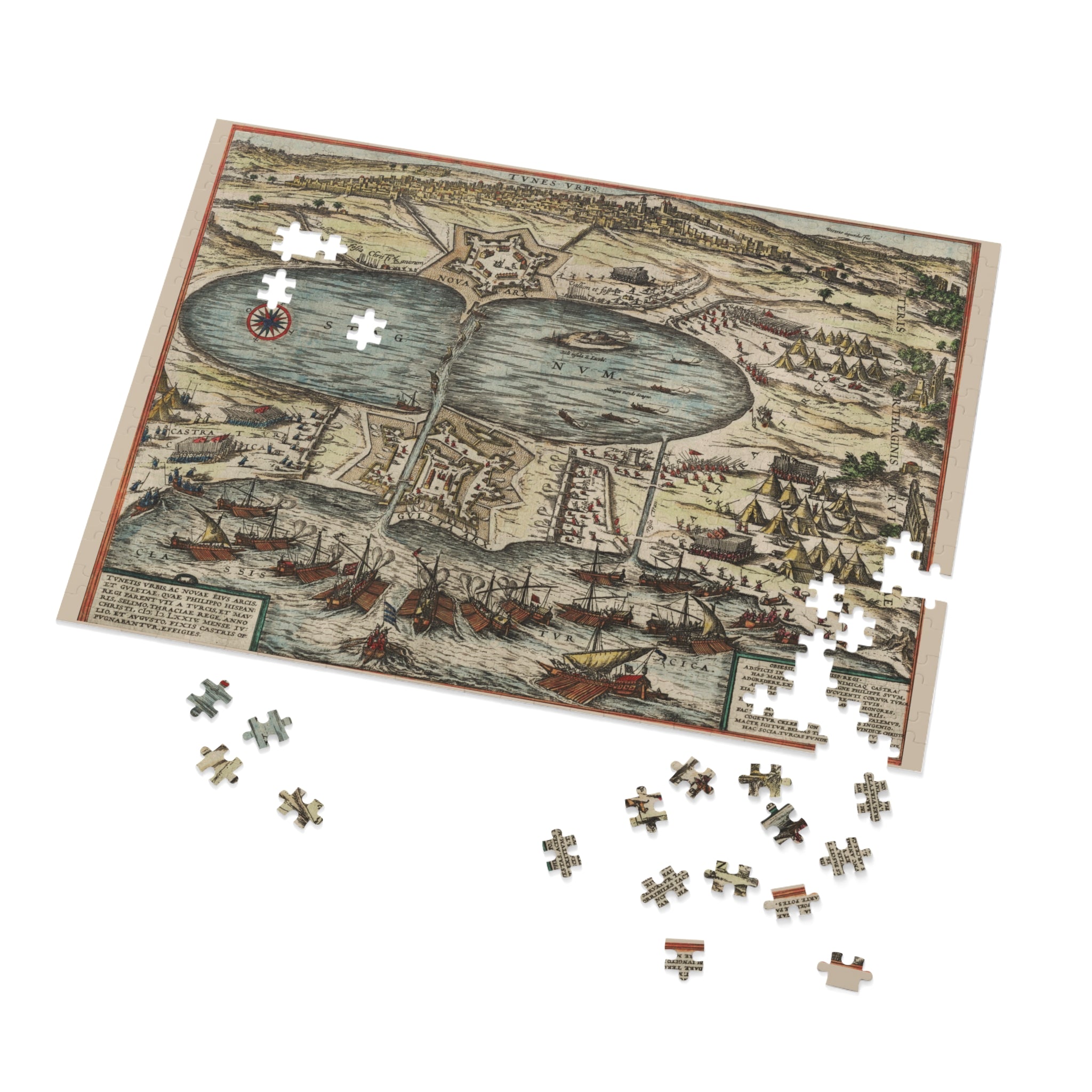 Tunis City Map Battle Scene Jigsaw Puzzle with Tin — Historic Harbor Illustration