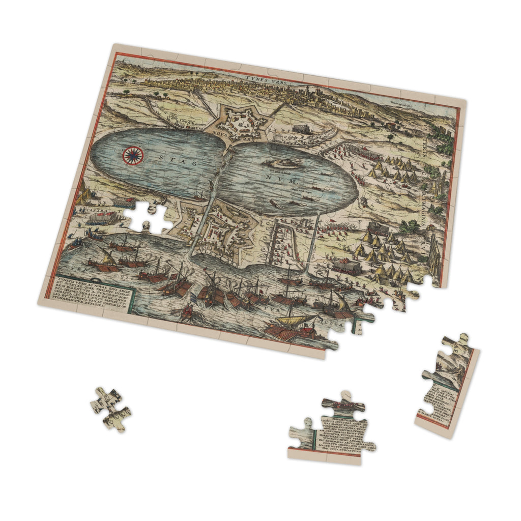 Tunis City Map Battle Scene Jigsaw Puzzle with Tin — Historic Harbor Illustration